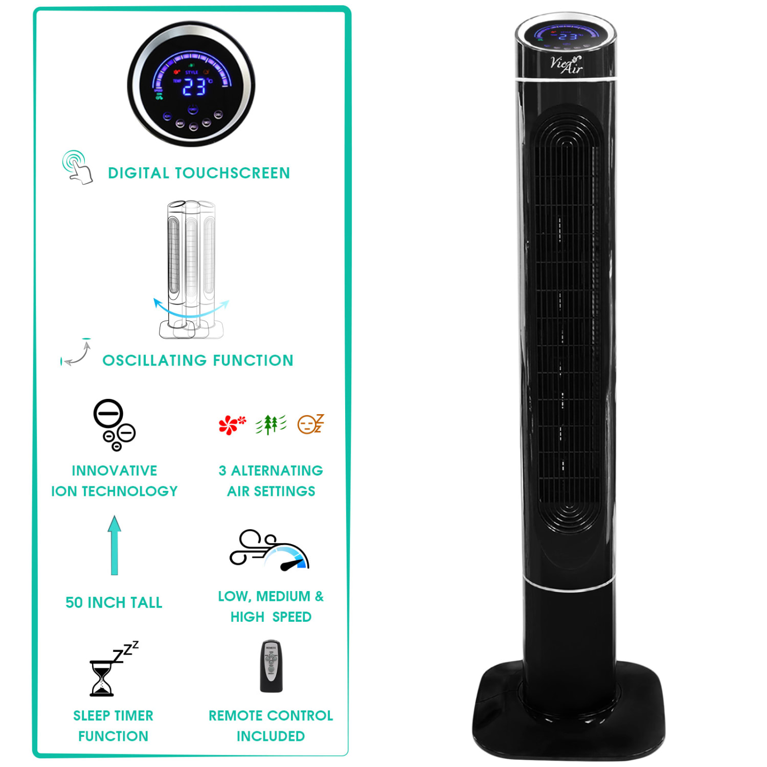 Vie Air 50in Luxury Digital Tower Fan With Fresh Air Ionizer, Black - Image 3