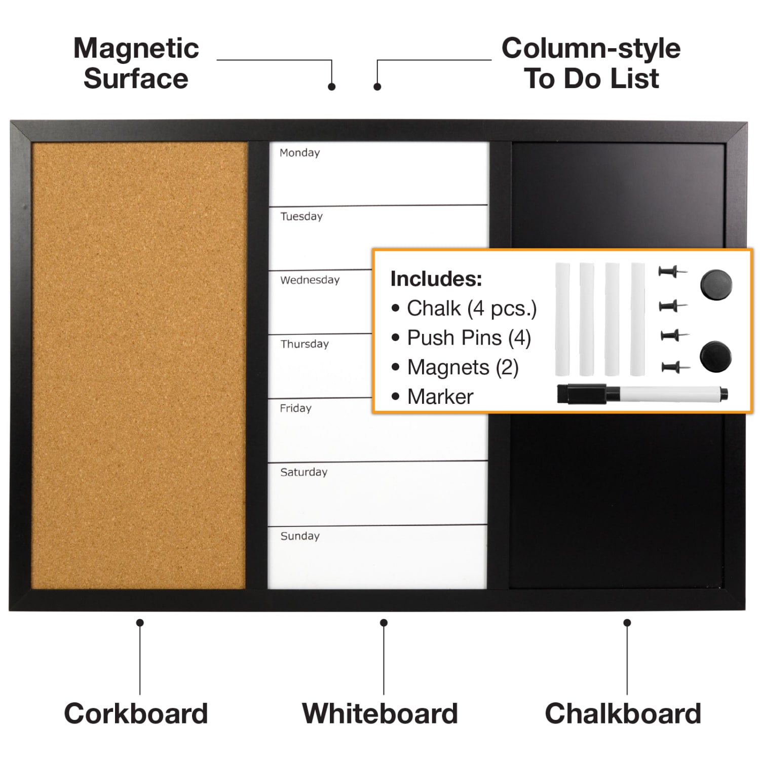 Excello Global Products Magnetic Dry-Erase Whiteboard/Chalk/Cork Combo Board, Aluminum, 15-1/2in x 23-1/2in, Black Wood Frame - Image 3
