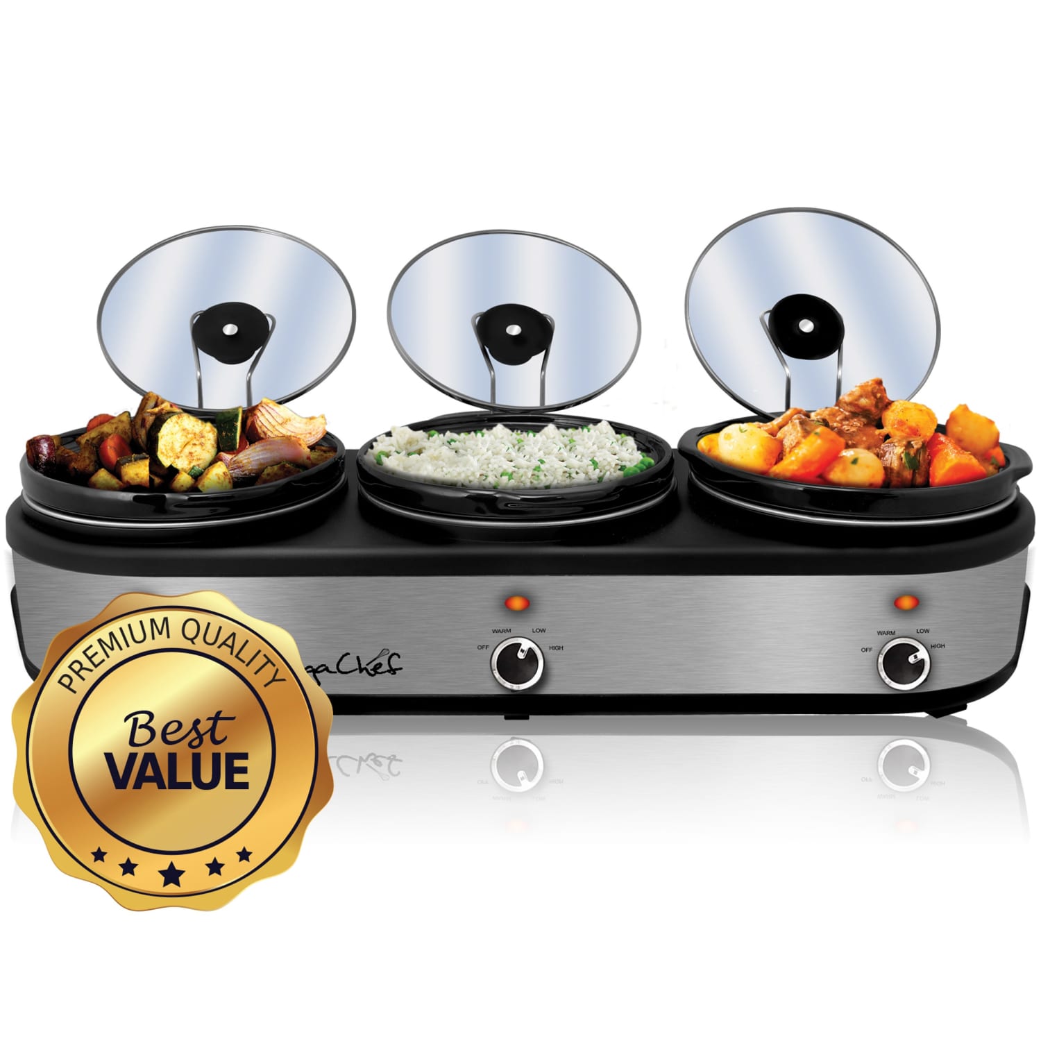 MegaChef Triple 2.5 Qt. Slow Cooker and Buffet Server, Black/Brushed Silver - Image 5