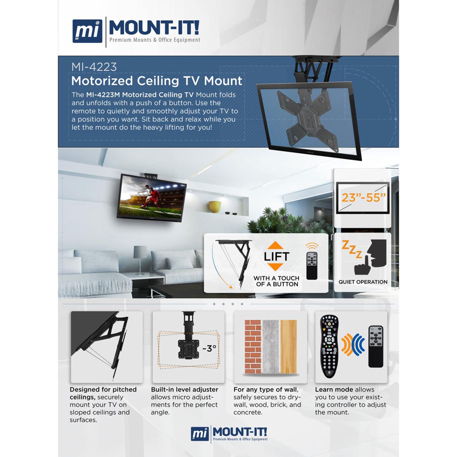 Mount-It! MI-4223 Motorized Ceiling TV Mount For 32 - 55in TVs, 26inH x 26inW x 20-1/4inD, Black - Image 4