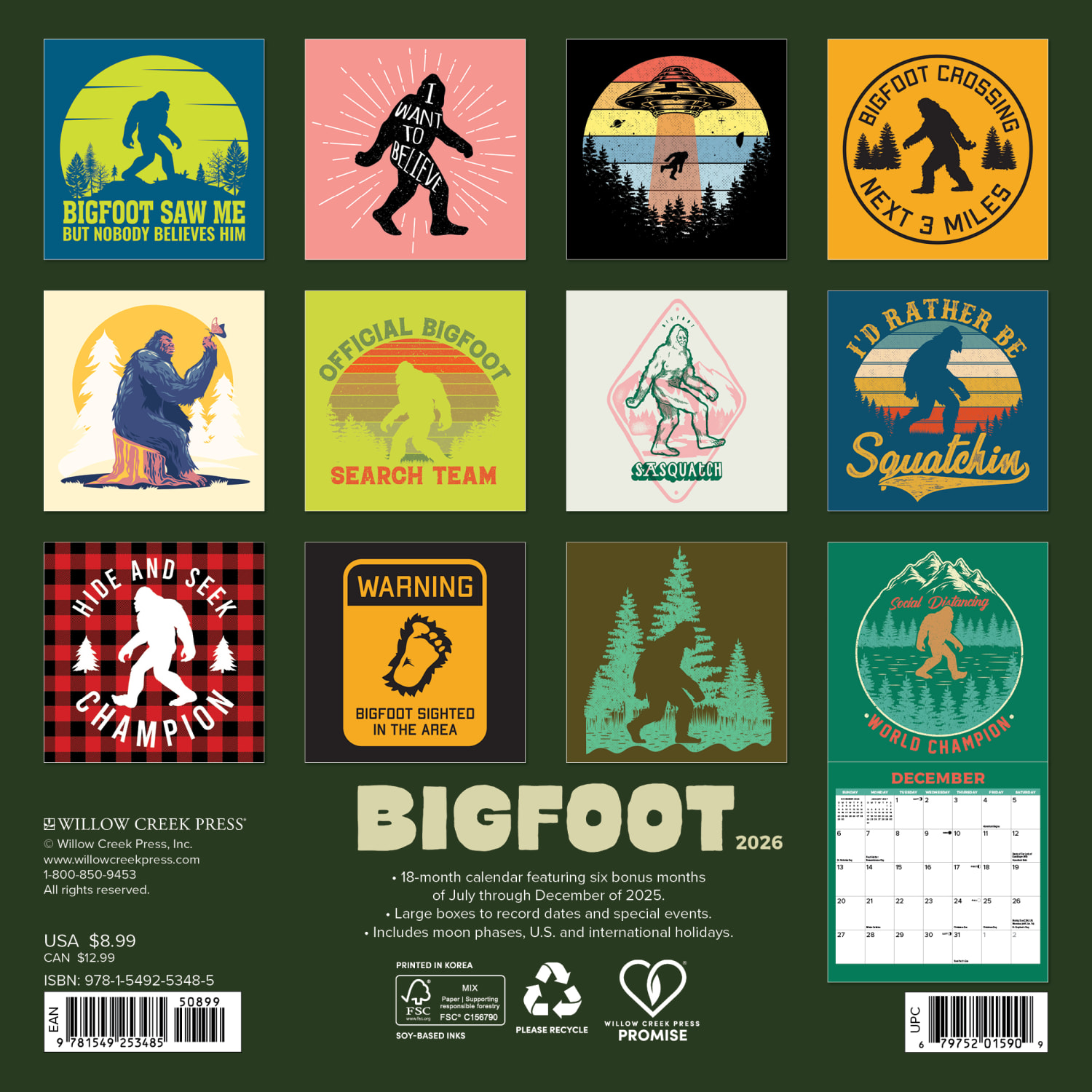 2026 Willow Creek Press Monthly Mini Wall Calendar, 7in x 7in, Bigfoot, January To December, 53485 - Image 6