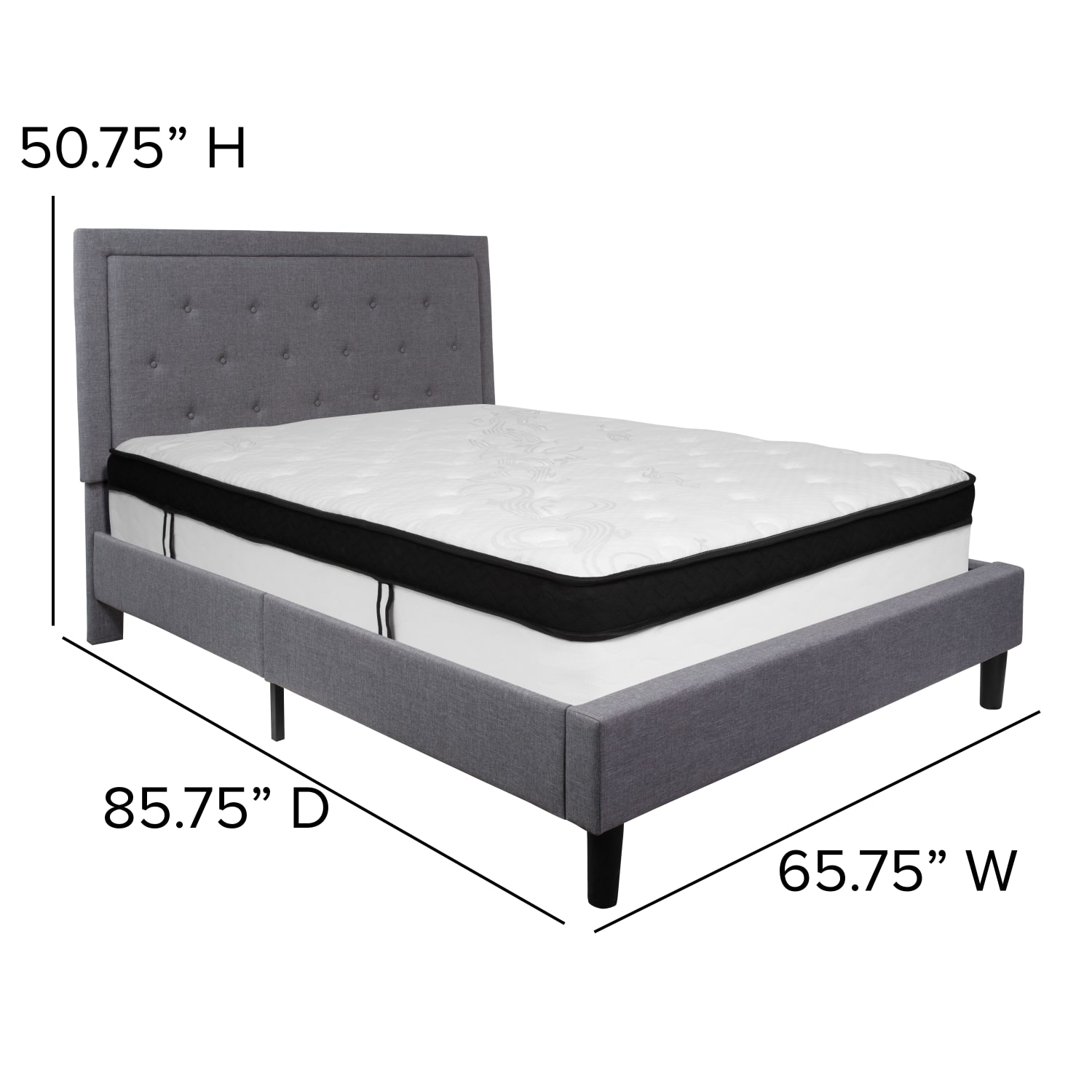 Flash Furniture Roxbury Panel Tufted Upholstered Platform Bed, Queen, 50-3/4inHx65-3/4inWx85-3/4inL, Light Gray - SLBMF27 - Image 5