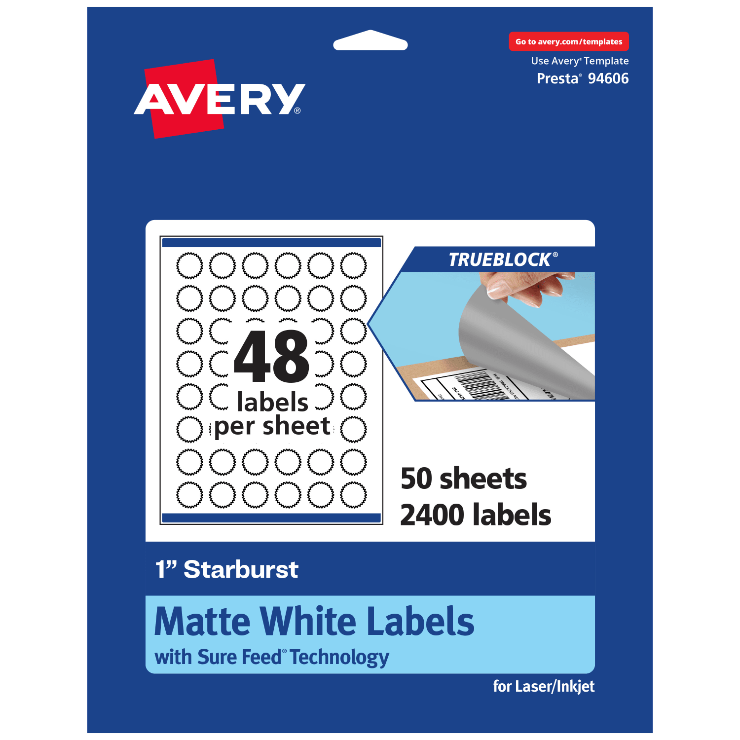 Avery Print-To-The-Edge TrueBlock Labels With Sure Feed, 94606-TWMP50, Starburst, 1in, Matte White, Pack Of 2400