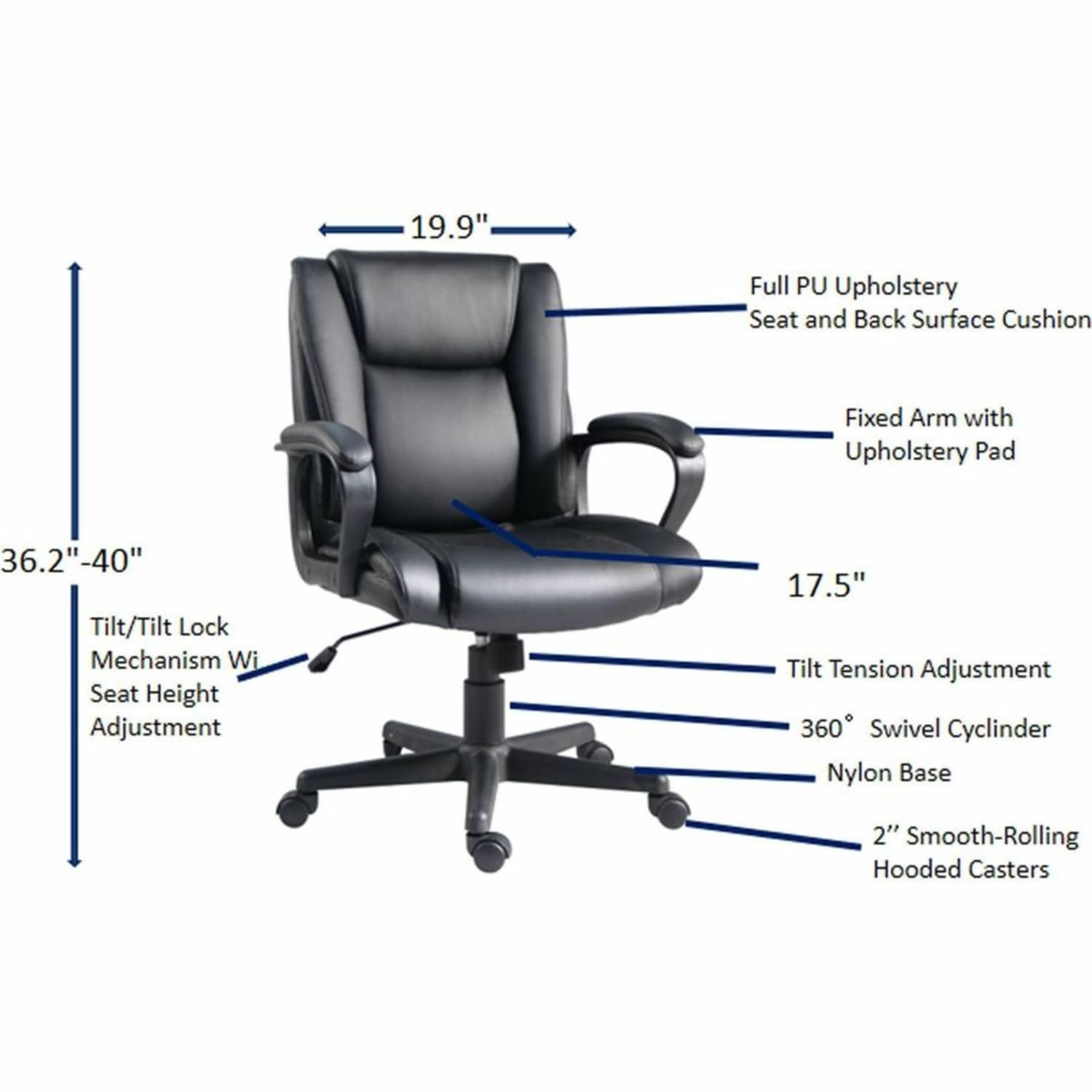 Lorell SOHO Mid-back Chair - Mid Back - Black - PU Leather - Armrest - 1 Each - Image 6