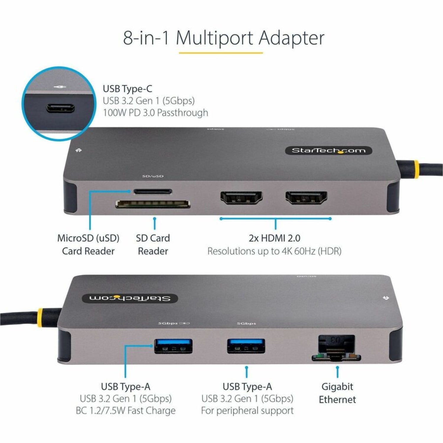 StarTech.com USB C Multiport Adapter, Dual HDMI, 4K 60Hz, 2x 5Gbps USB-A 3.1 Hub, 100W Power Delivery, GbE, SD/MicroSD, USB C Mini Dock - Image 4