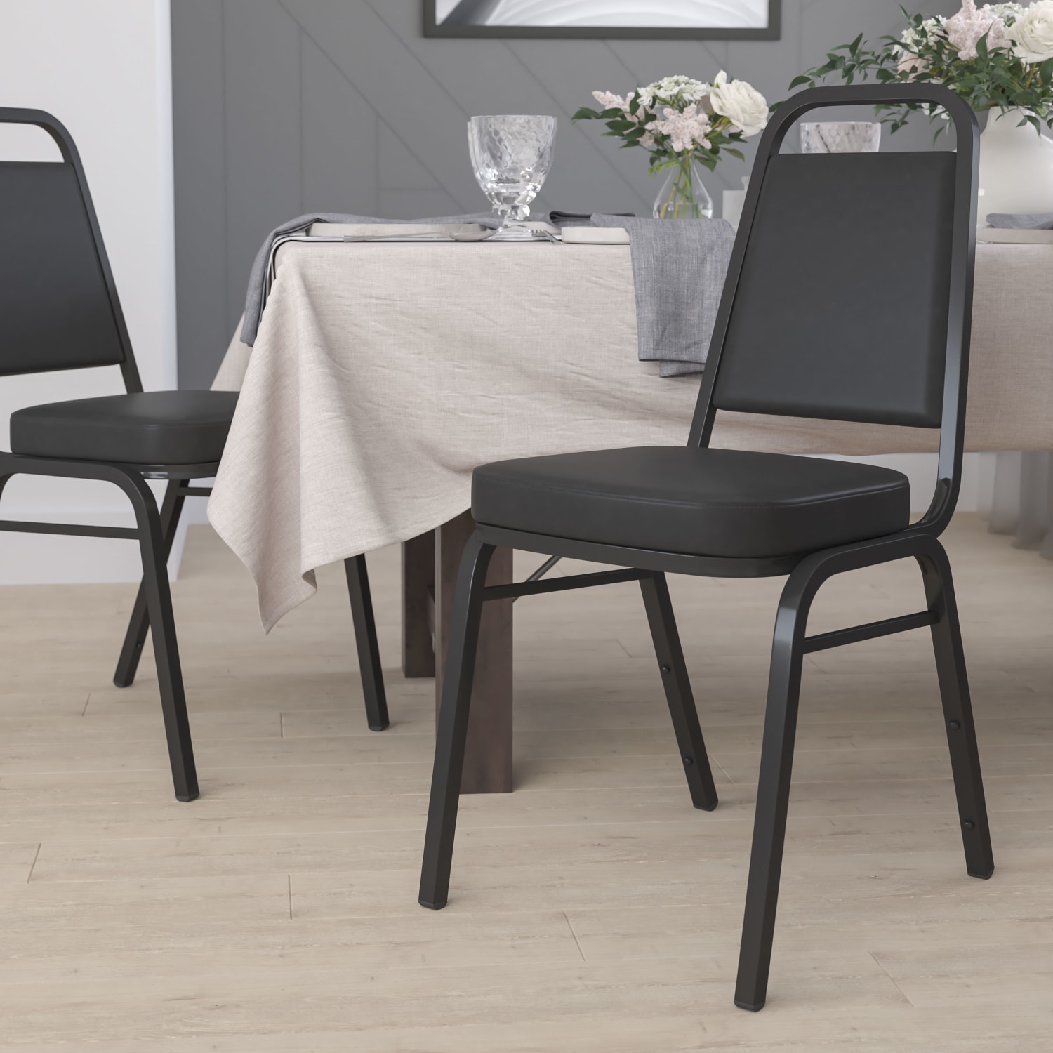 Flash Furniture HERCULES Series Trapezoidal Back Stacking Banquet Chair With 2 12in Thick Seat Black PopularChairscom