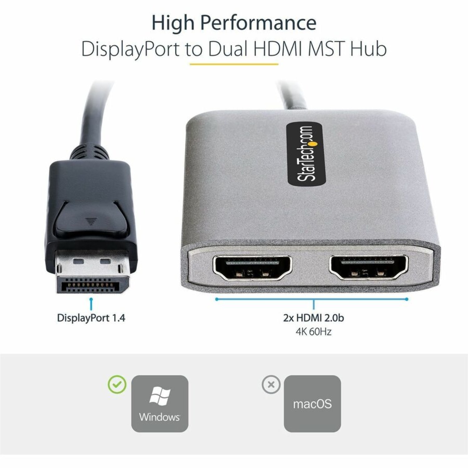 StarTech DP to Dual HDMI MST HUB, Dual HDMI 4K 60Hz, 2 Port DisplayPort Multi Monitor Adapter with 1ft/30cm Cable, DP 1.4 - Image 3