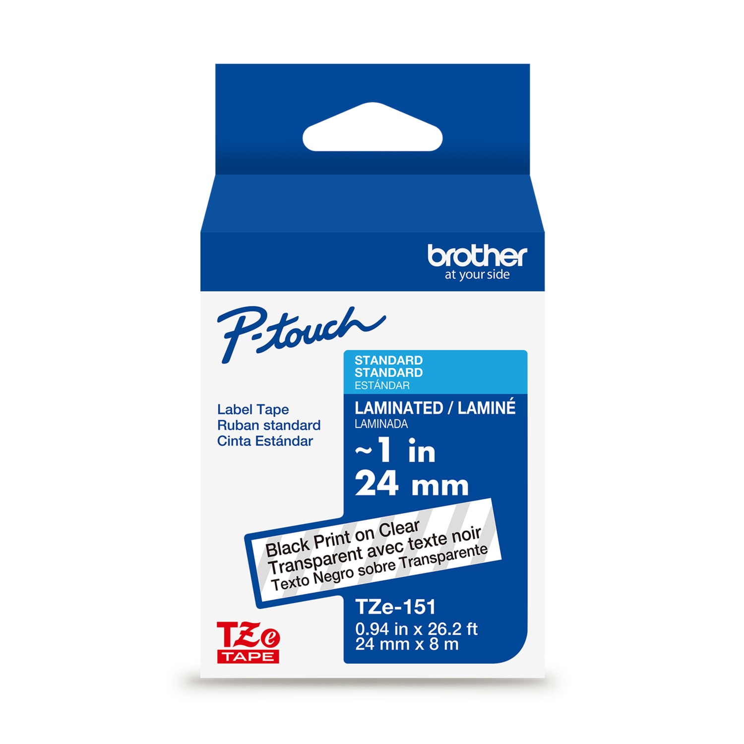 Brother P-touch TZe151, Laminated, 1in x 26.2 ft (24mm x 8m), Black on Clear Label Tape