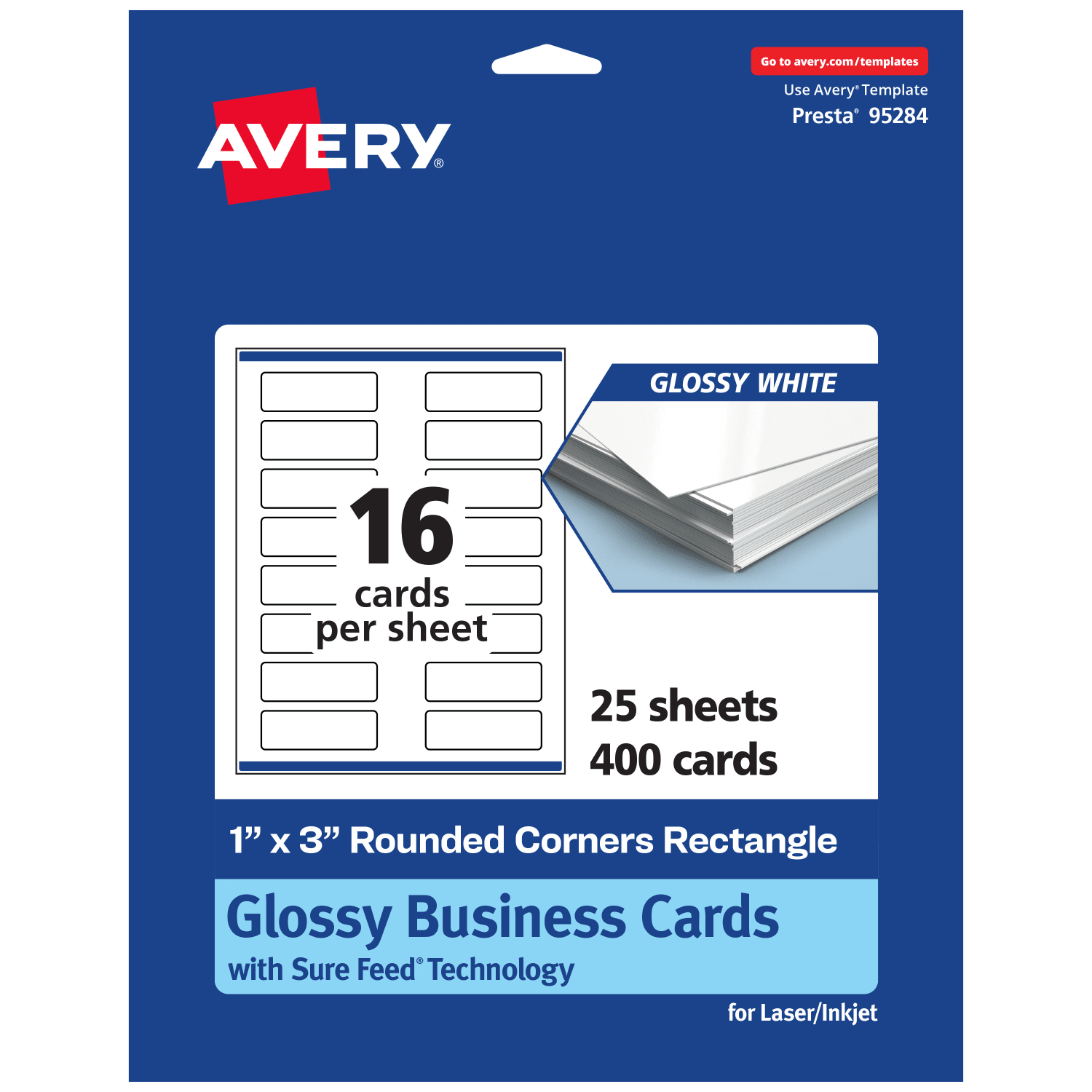 Avery Printable Rounded Corner Mini Business Cards With Sure Feed Technology, Print-To-The-Edge, 1inx3in, Glossy White, Pack Of 400