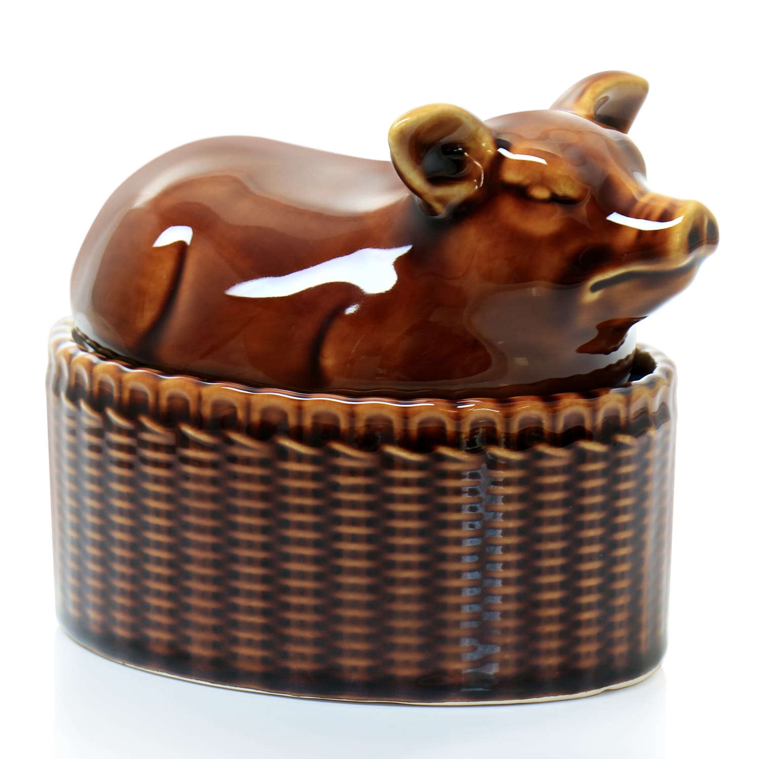 Martha Stewart Stoneware Sculpted Pig Covered Oval Baker, 6in, Brown - Image 4