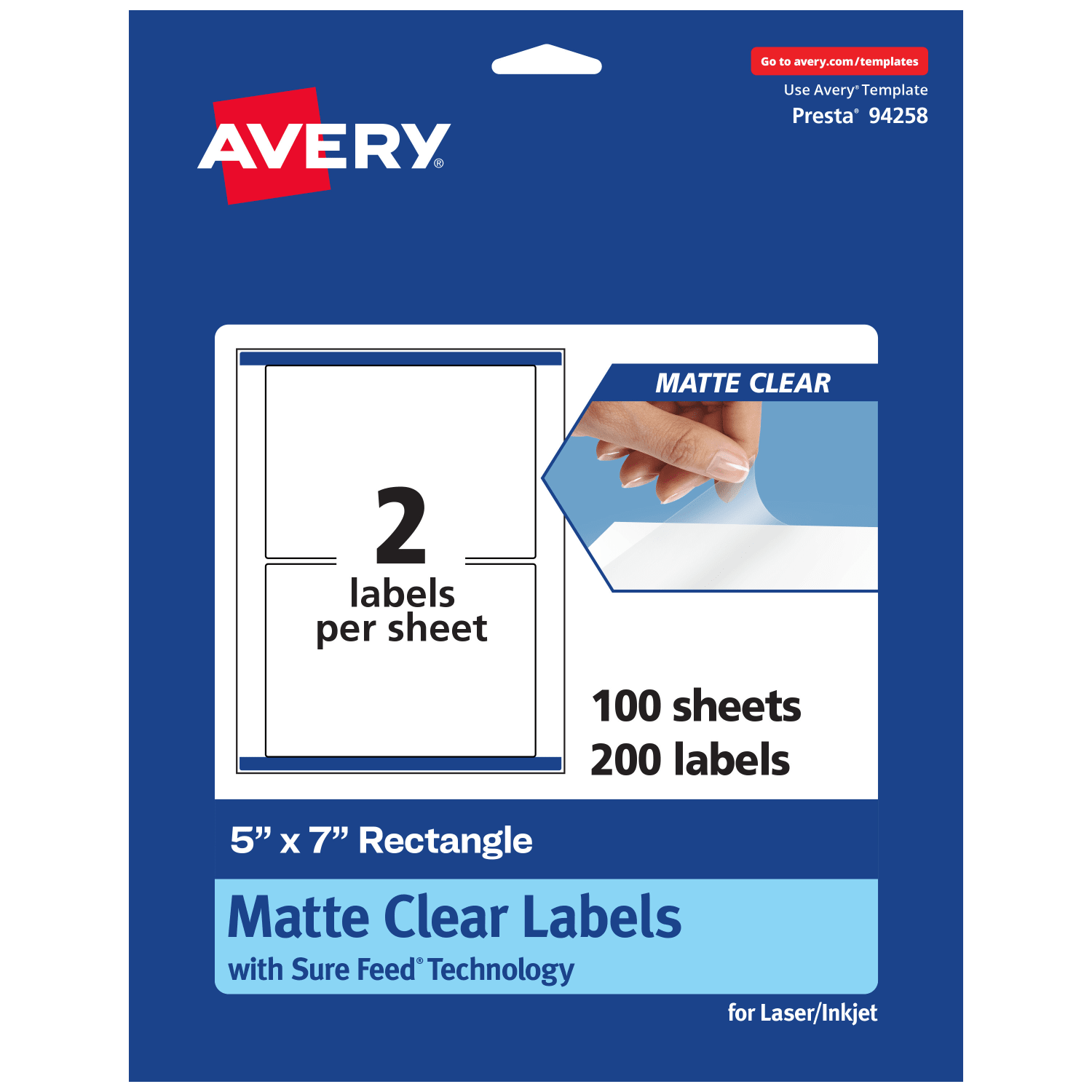 Avery Permanent Labels With Sure Feed, 94258-CMF100, Rectangle, 5in x 7in, Matte Clear, Pack Of 200
