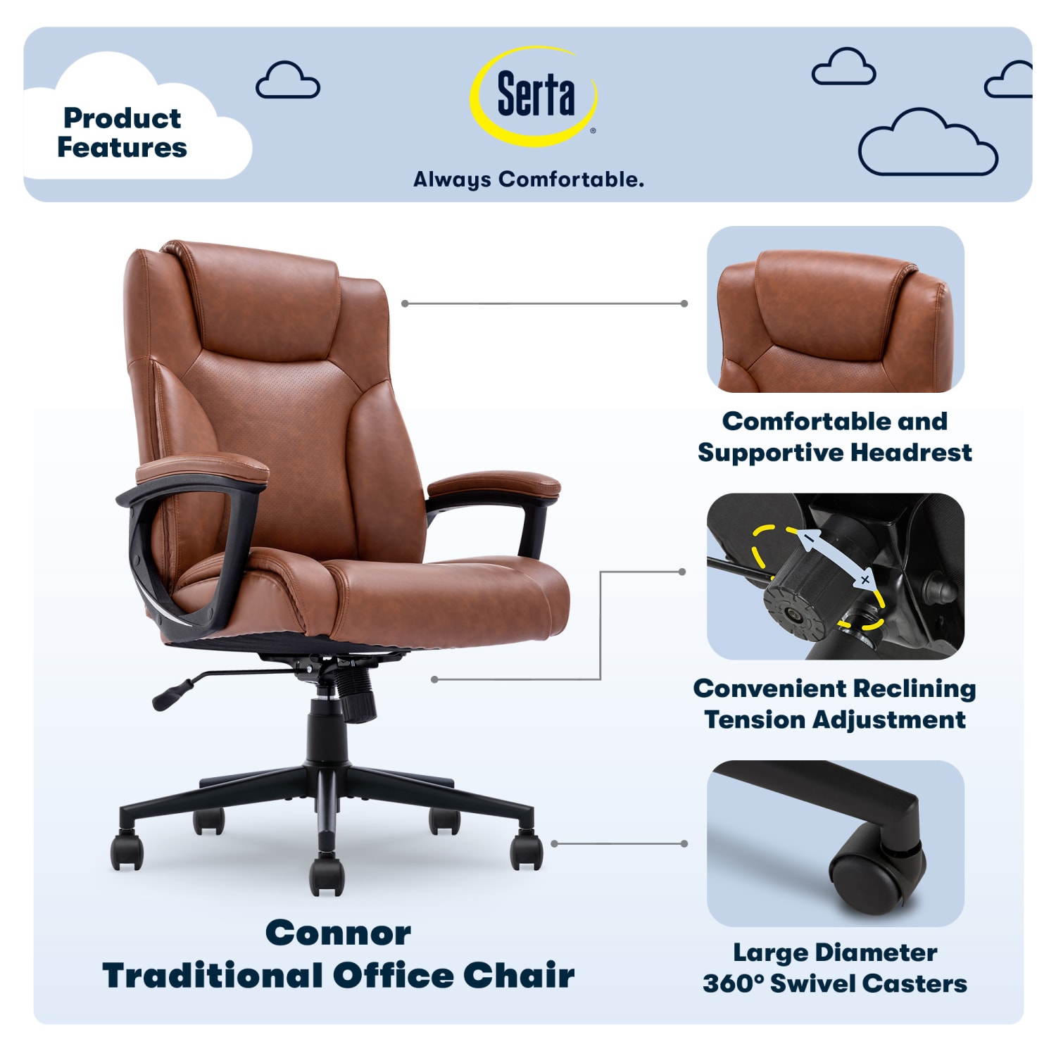 Serta Connor Ergonomic Bonded Leather High Back Executive Office Chair Cognac PopularChairscom