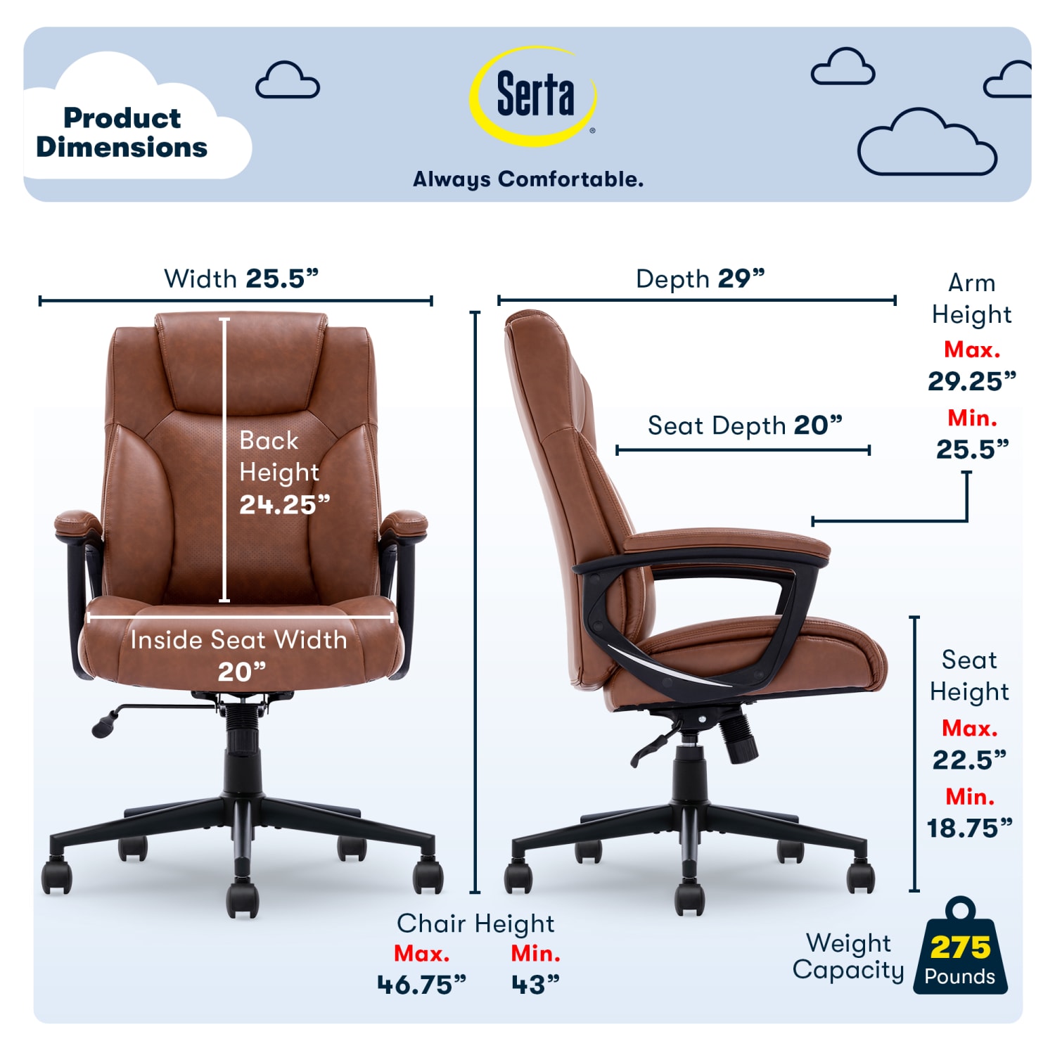Serta Connor Ergonomic Bonded Leather High Back Executive Office Chair Cognac PopularChairscom