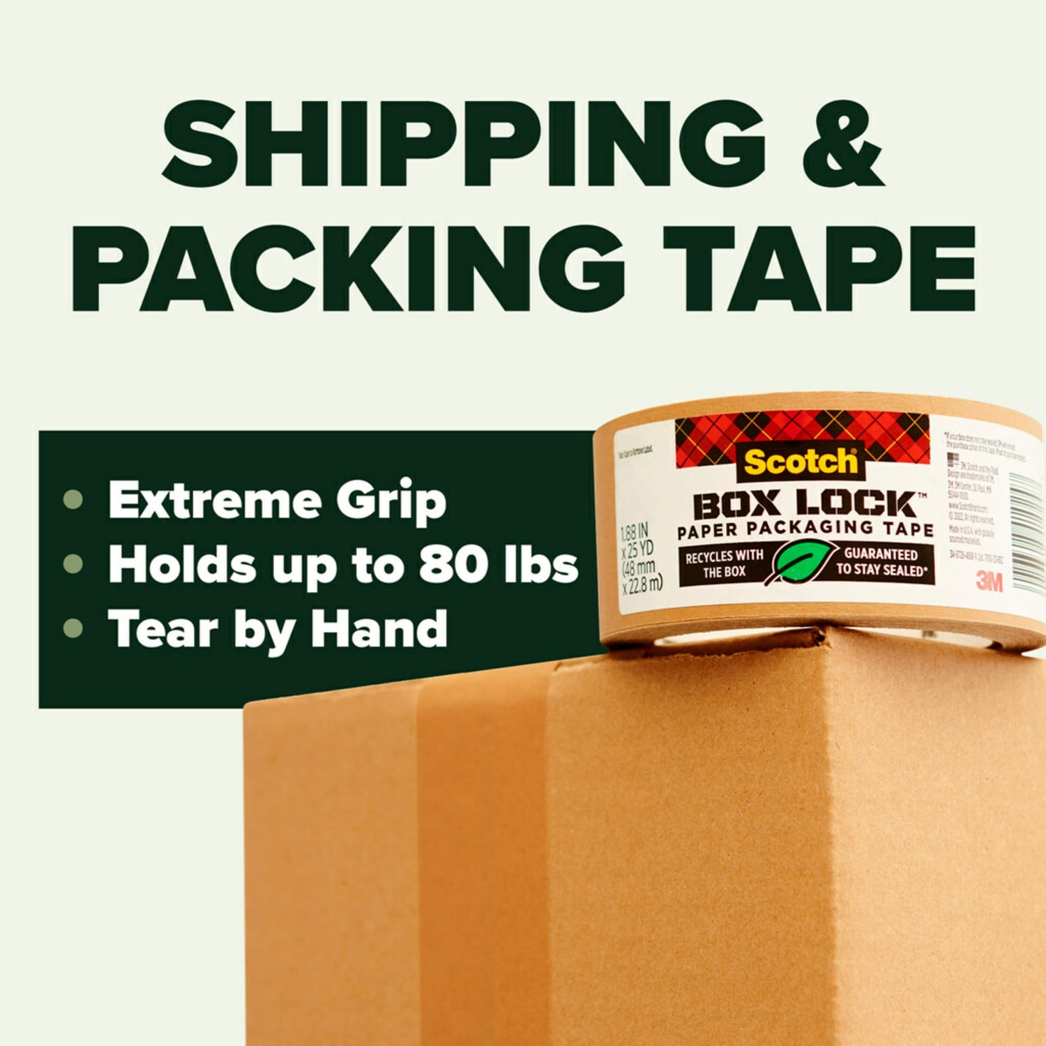 Scotch Box Lock Paper Packing Tape, 8 Tape Rolls, 1.88 in x 25 yd, 3in Core, Extreme Grip Moving Tape, Brown - Image 3
