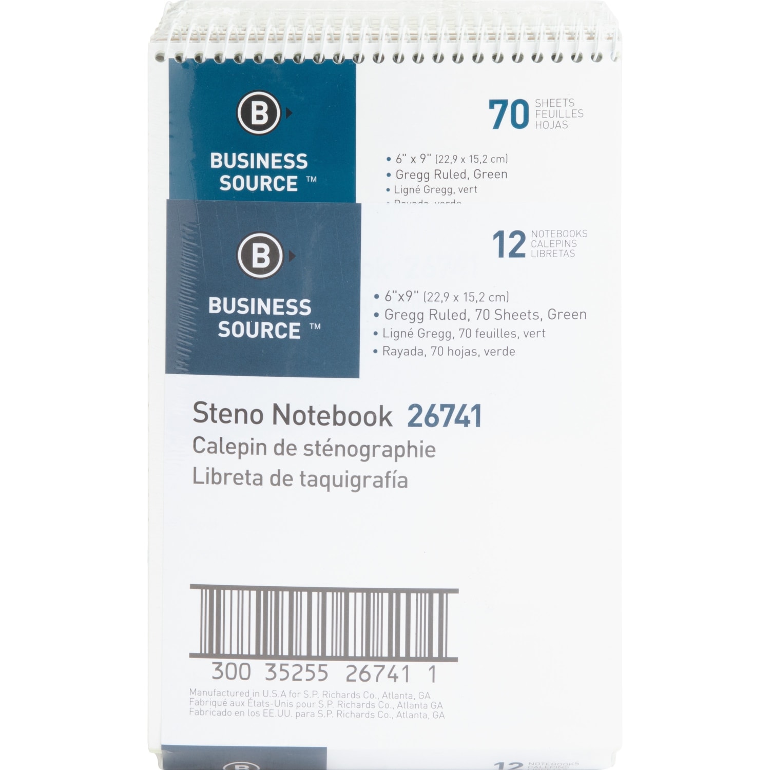 Business Source Wirebound Steno Notebook - 70 Sheets - Wire Bound - 15 lb Basis Weight - 6in x 9in - Green Paper - 12 / Pack - Image 3