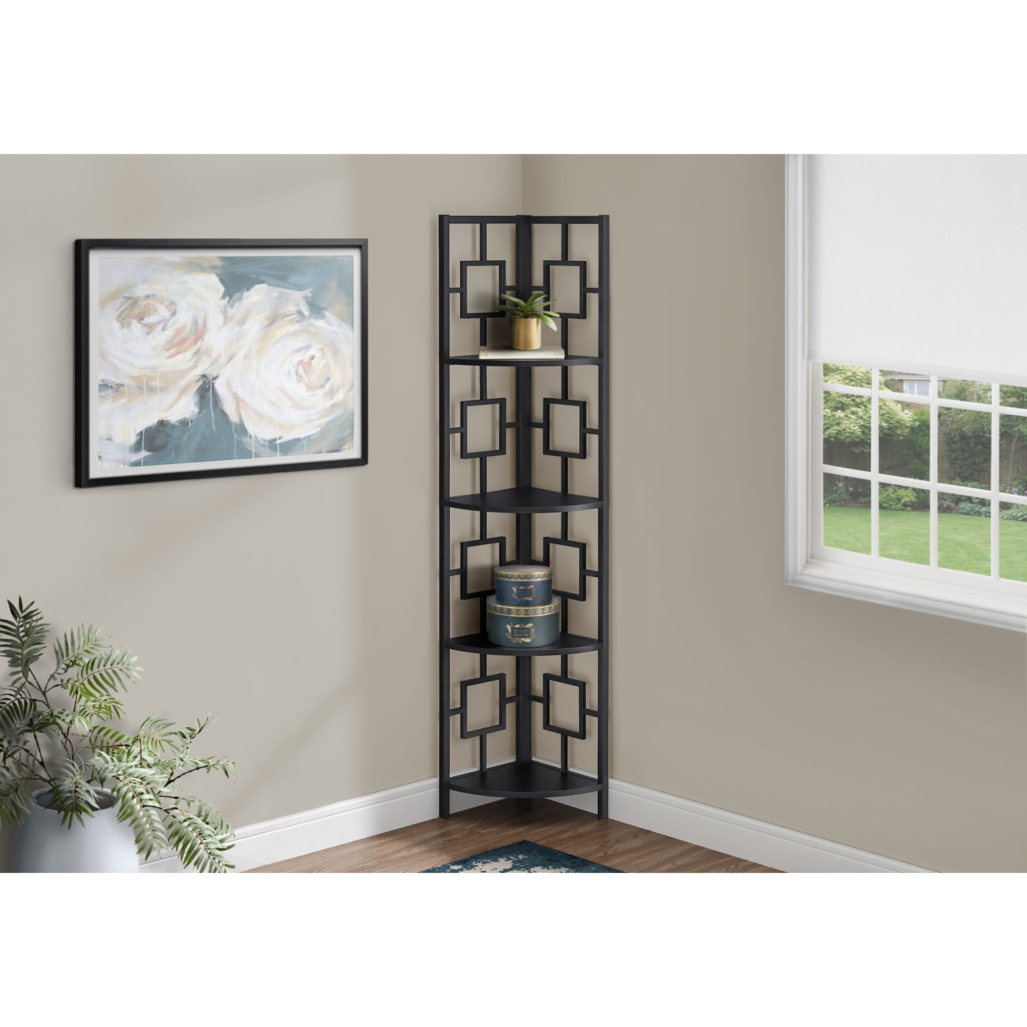 Monarch Specialties Astrid 62inH 4-Shelf Corner Bookcase, Black - Image 3