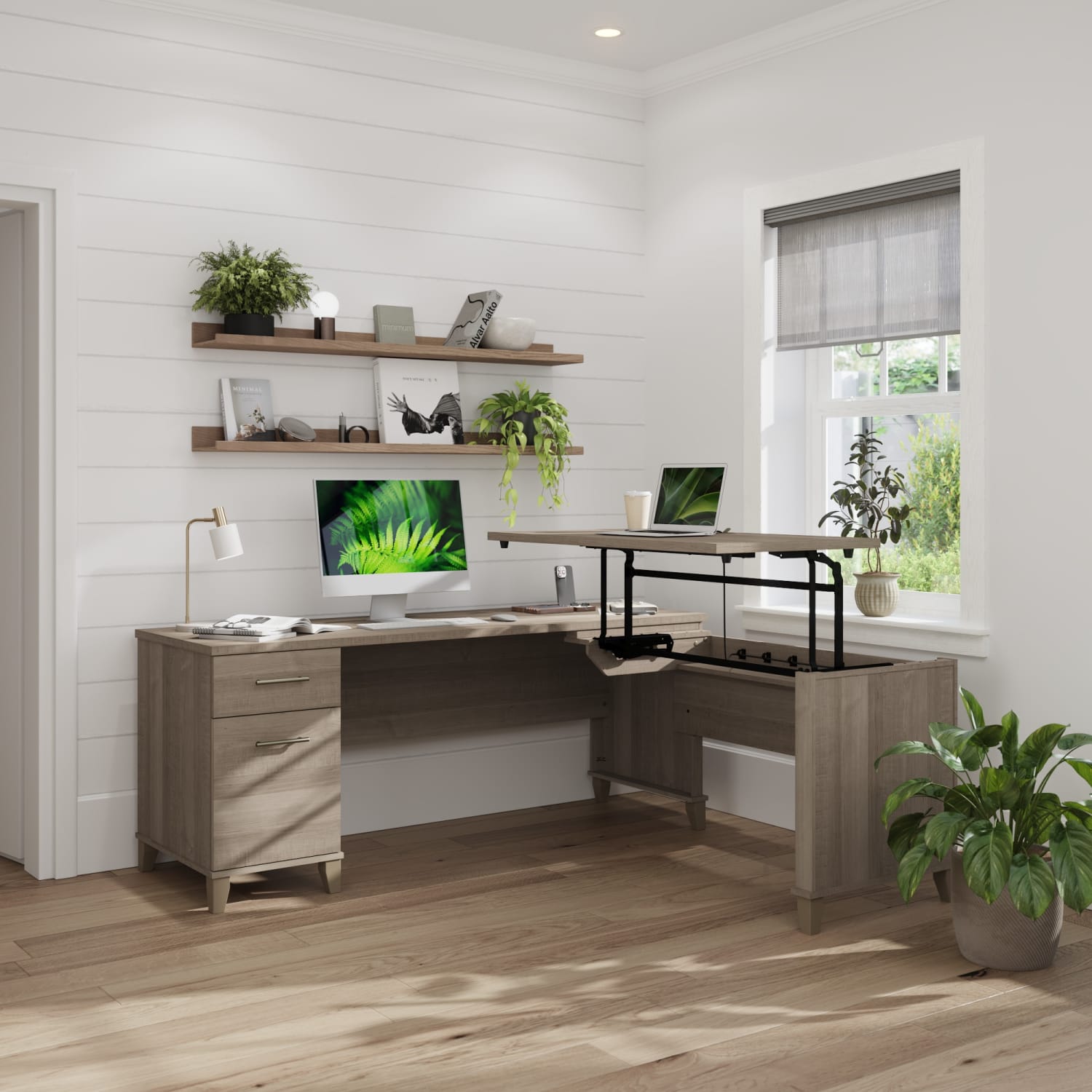 Bush Furniture Somerset 3 Position Sit to Stand L Shaped Desk, 72inW, Ash Gray, Standard Delivery