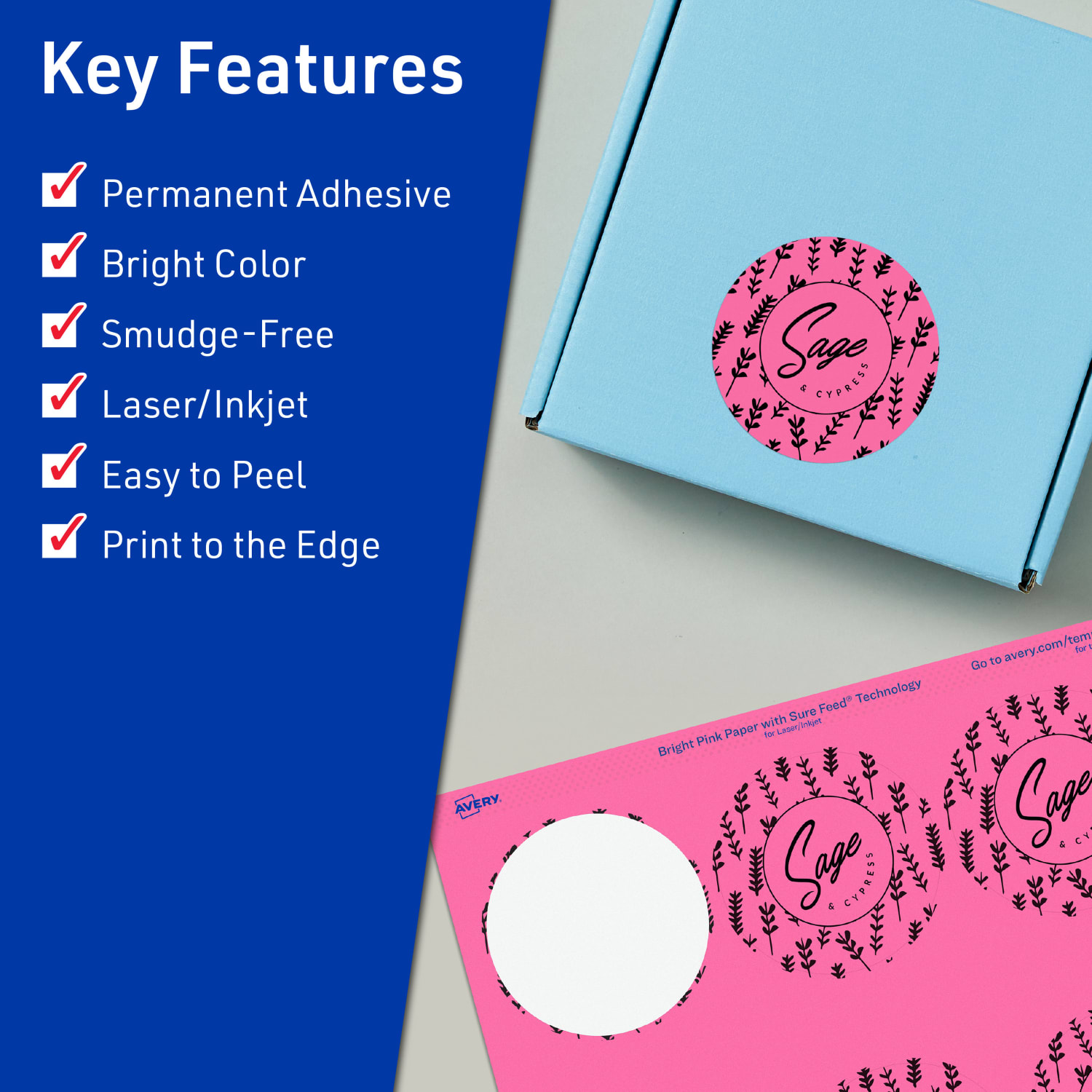 Avery Print-To-The-Edge Labels With Sure Feed Technology, 94502-BPP10, Round, 2-1/2in, Matte Bright Pink, Pack of 90 - Image 3