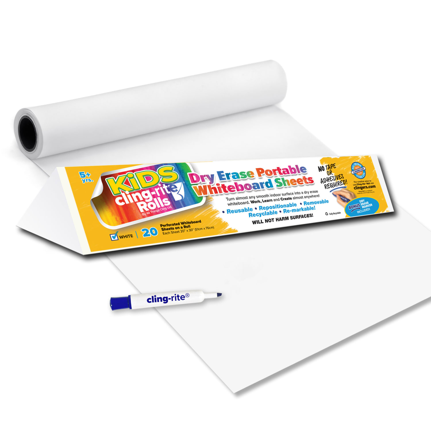 Clingers Cling-Rite Dry-Erase Sheets, 20in x 30in, 50ft Roll, Kids/White, Roll Of 20 Sheets