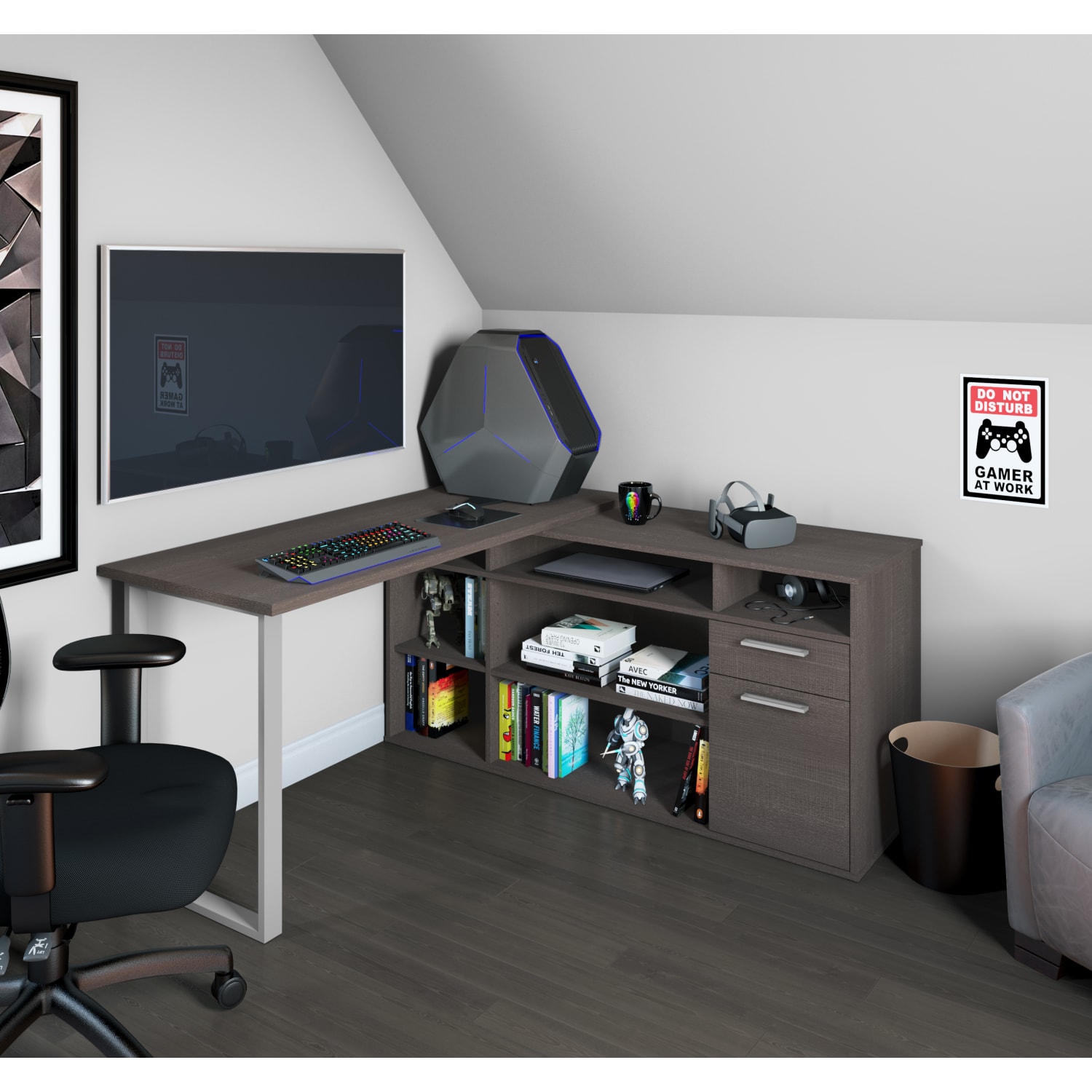 Bestar Solay 60inW L-Shaped Corner Desk, Bark Gray - Image 6