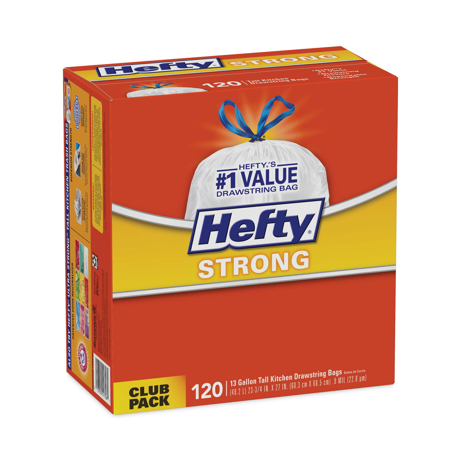 Hefty Strong Tall Kitchen Drawstring Bags, 13 gal, 23.75in x 27in, White, 120 Bags/Box, 3 Boxes/Carton - Image 3