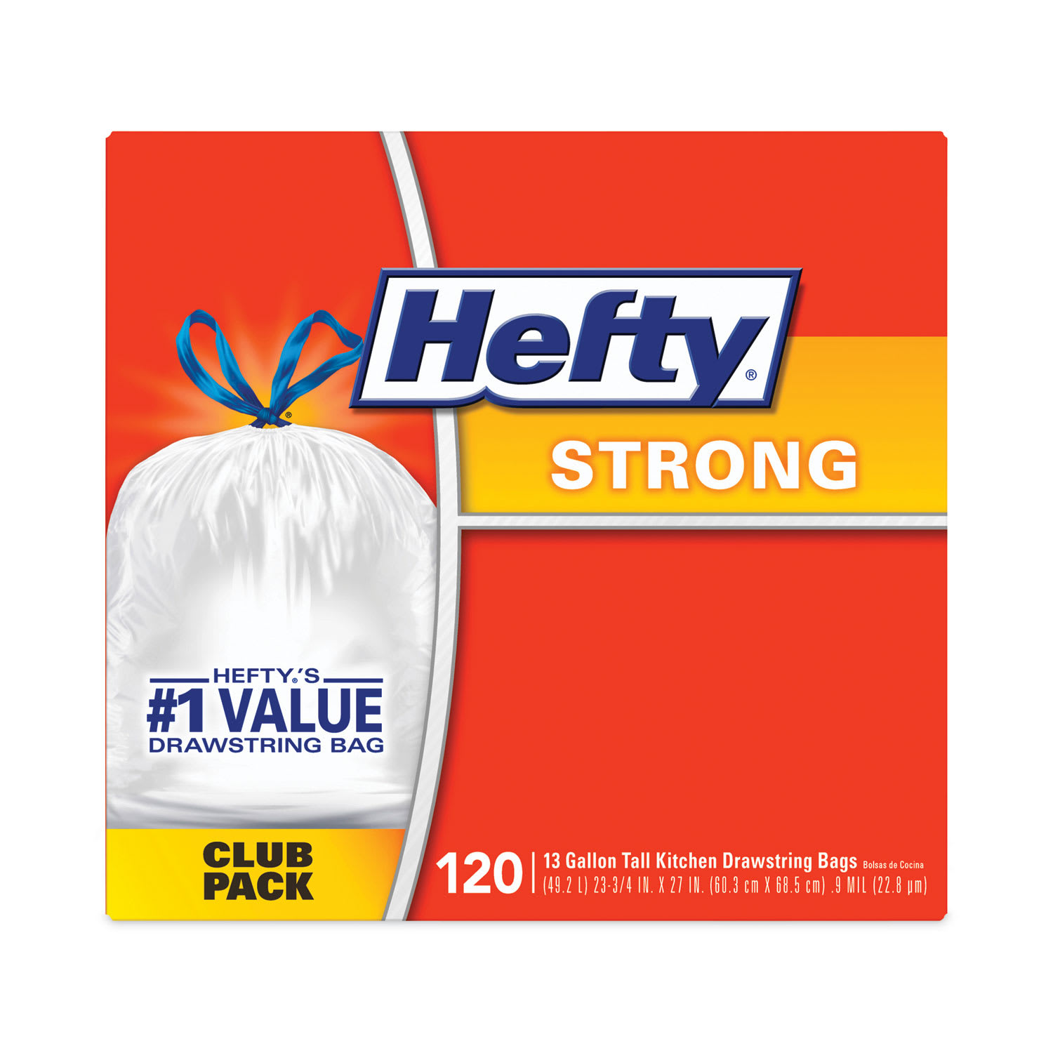 Hefty Strong Tall Kitchen Drawstring Bags, 13 gal, 23.75in x 27in, White, 120 Bags/Box, 3 Boxes/Carton - Image 6