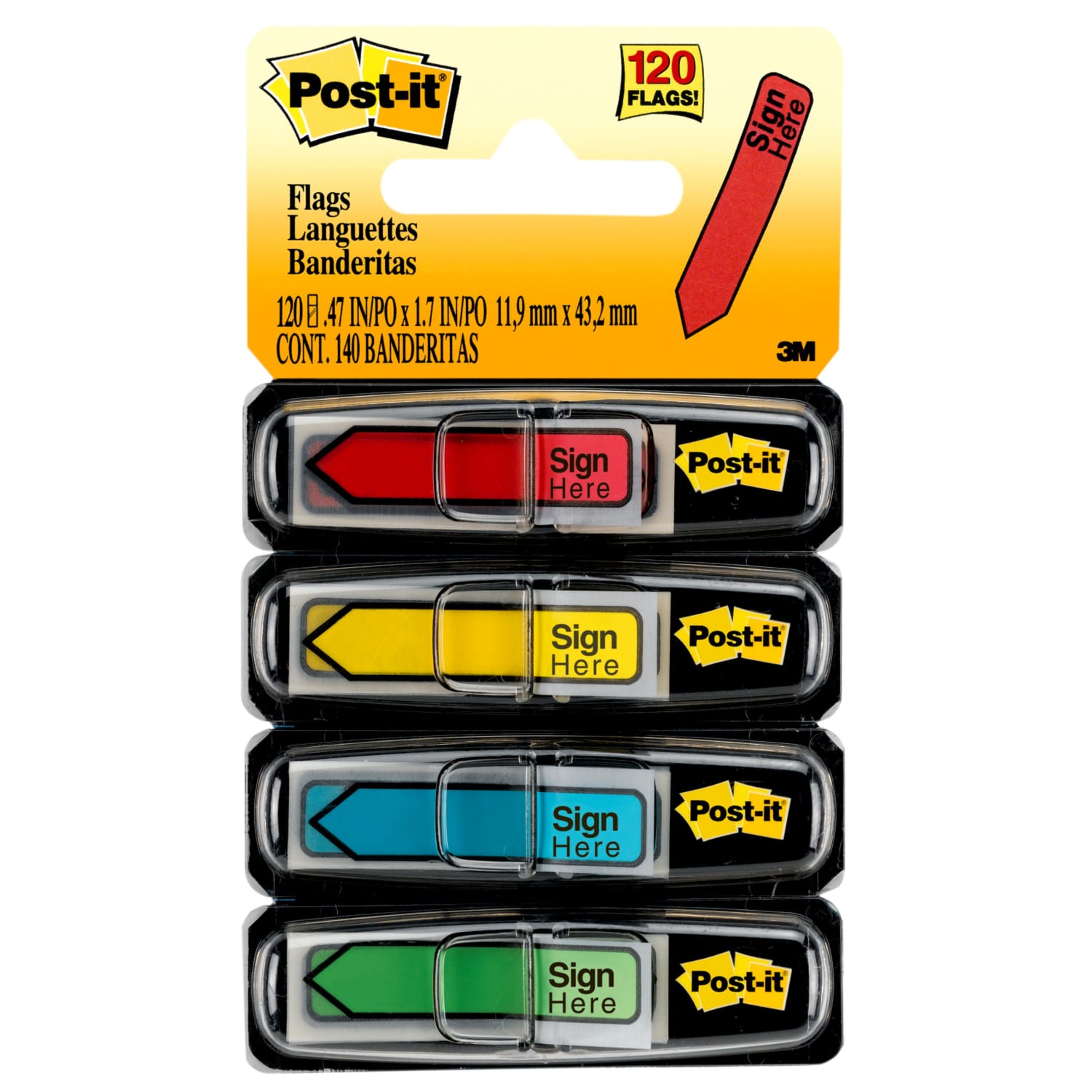 Post-it Flags, .47 in. x 1.7 in., 4 Dispensers, 30 Flags/Dispenser, Assorted Colors, Printed "Sign Here",  School Supplies for Students