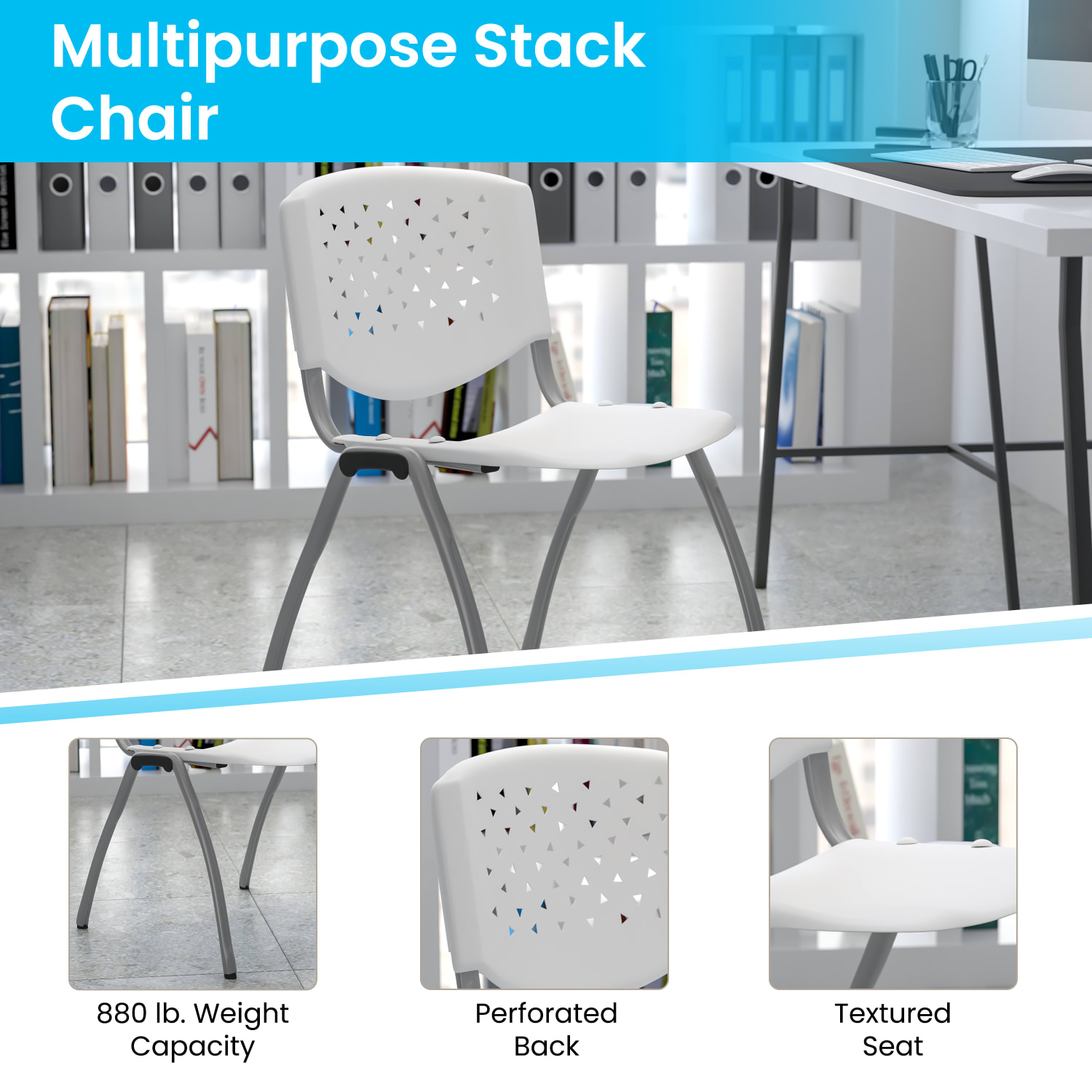 Flash Furniture HERCULES Plastic Stack Chair With Titanium Frame, White/Gray - Image 6