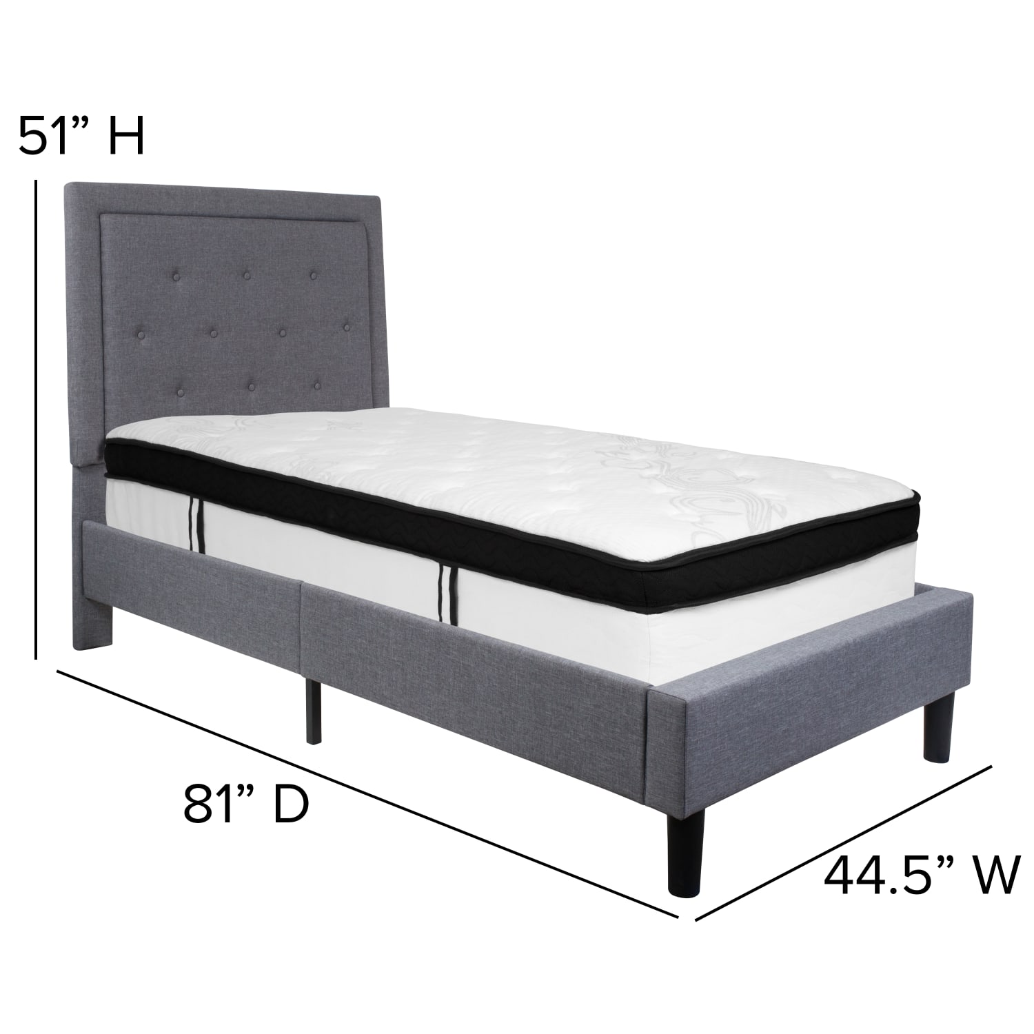 Flash Furniture Roxbury Panel Tufted Upholstered Platform Bed and Memory Foam Pocket Spring Mattress, Twin, 51inH x 44-1/2inW x 81inL, Light Gray - Image 4