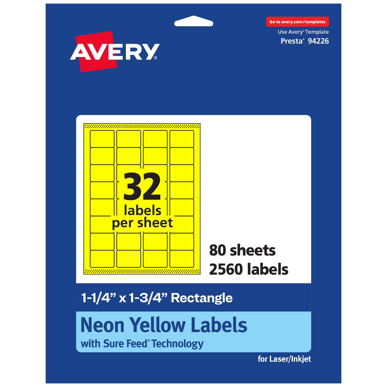 Avery Printable Labels With Sure Feed Technology, 94226-NYP80, Rectangle, 1-1/4in x 1-3/4in, Matte Neon Yellow, Pack of 2560