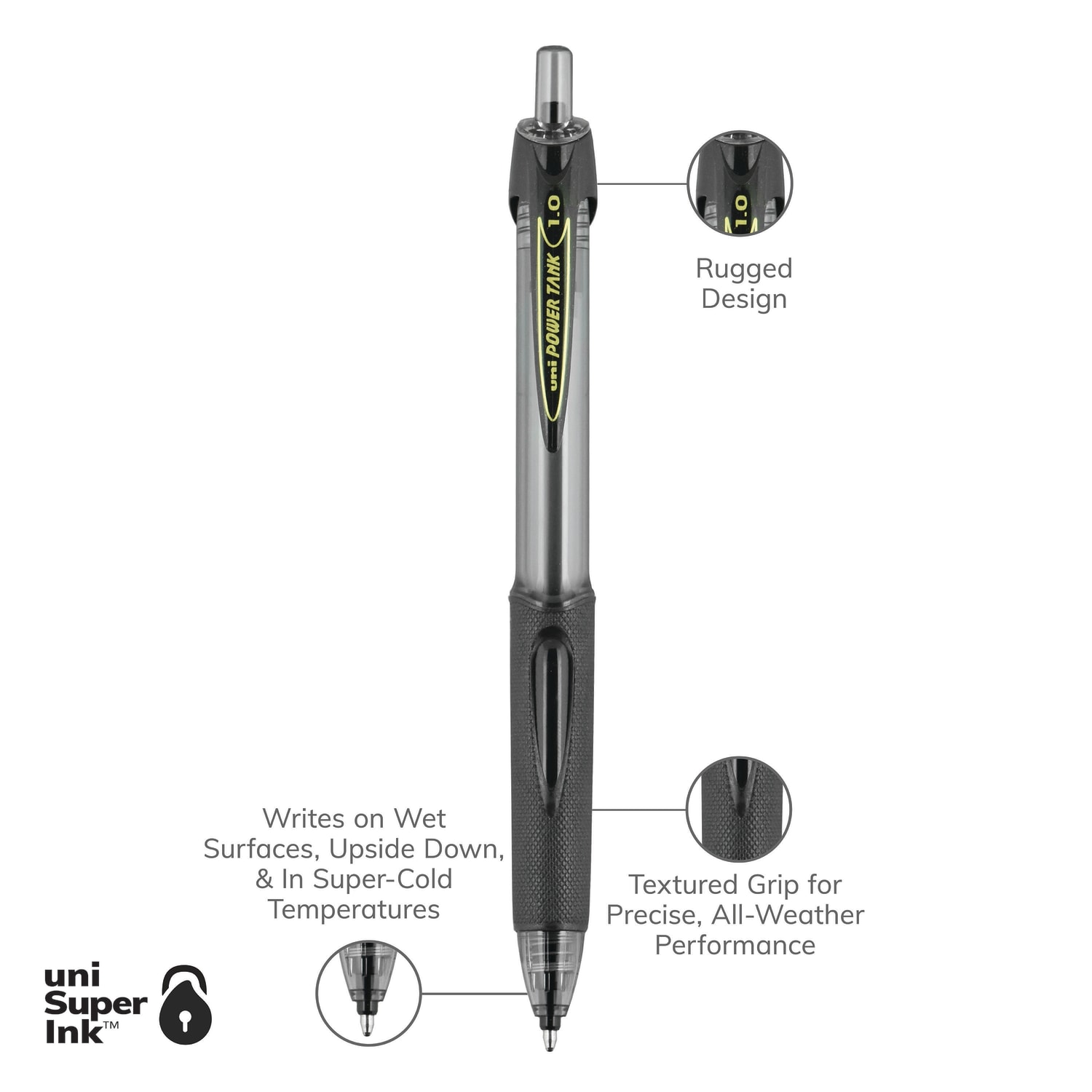 uniball Power Tank Retractable Ballpoint Pens, Pack Of 12, Broad Point, 1.0 mm, Black Barrel, Black Ink - Image 4