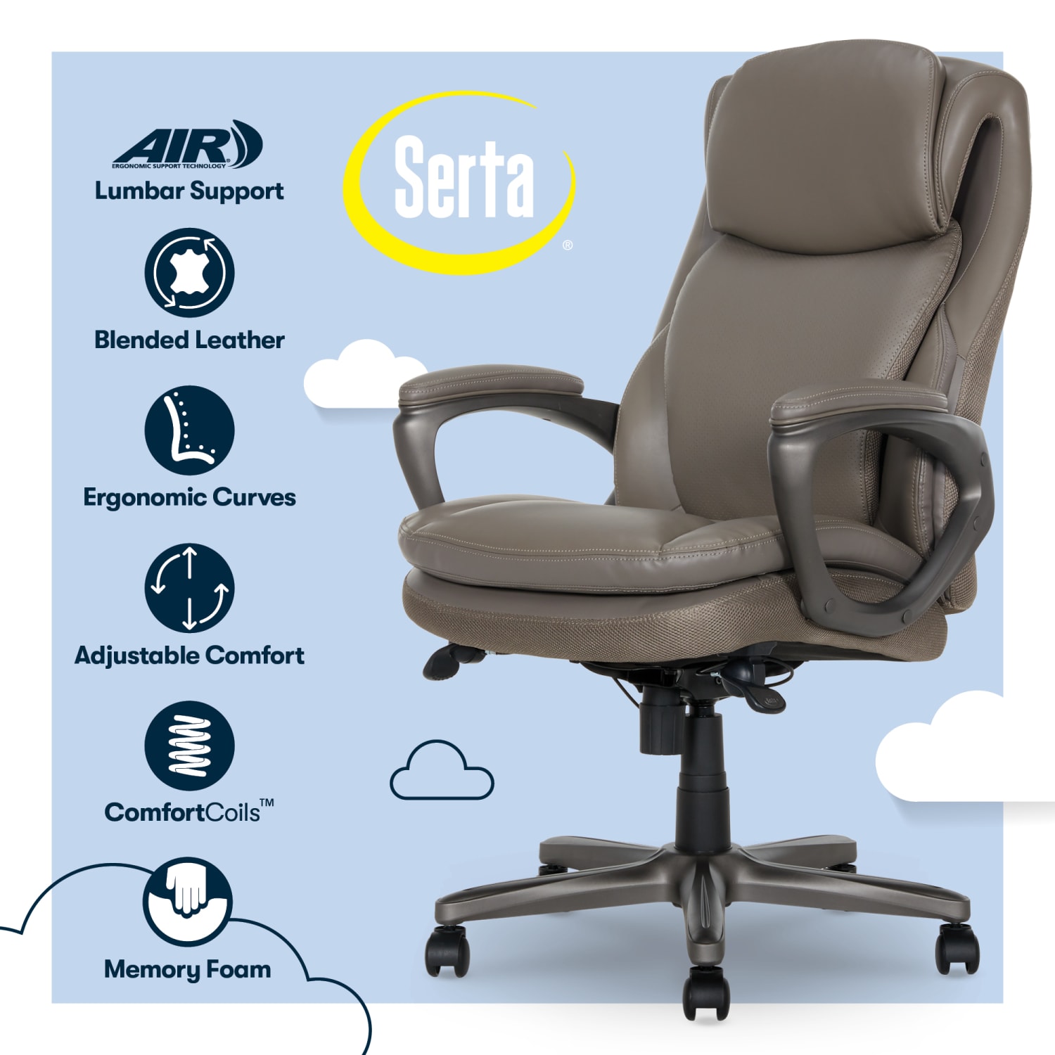 Serta Smart Layers Arlington AIR Ergonomic Bonded Leather HighBack Executive Chair Taupe PopularChairscom Serta Smart Layers Arlington AIR Ergonomic Bonded Leather High Back Executive Chair Taupe PopularChairscom