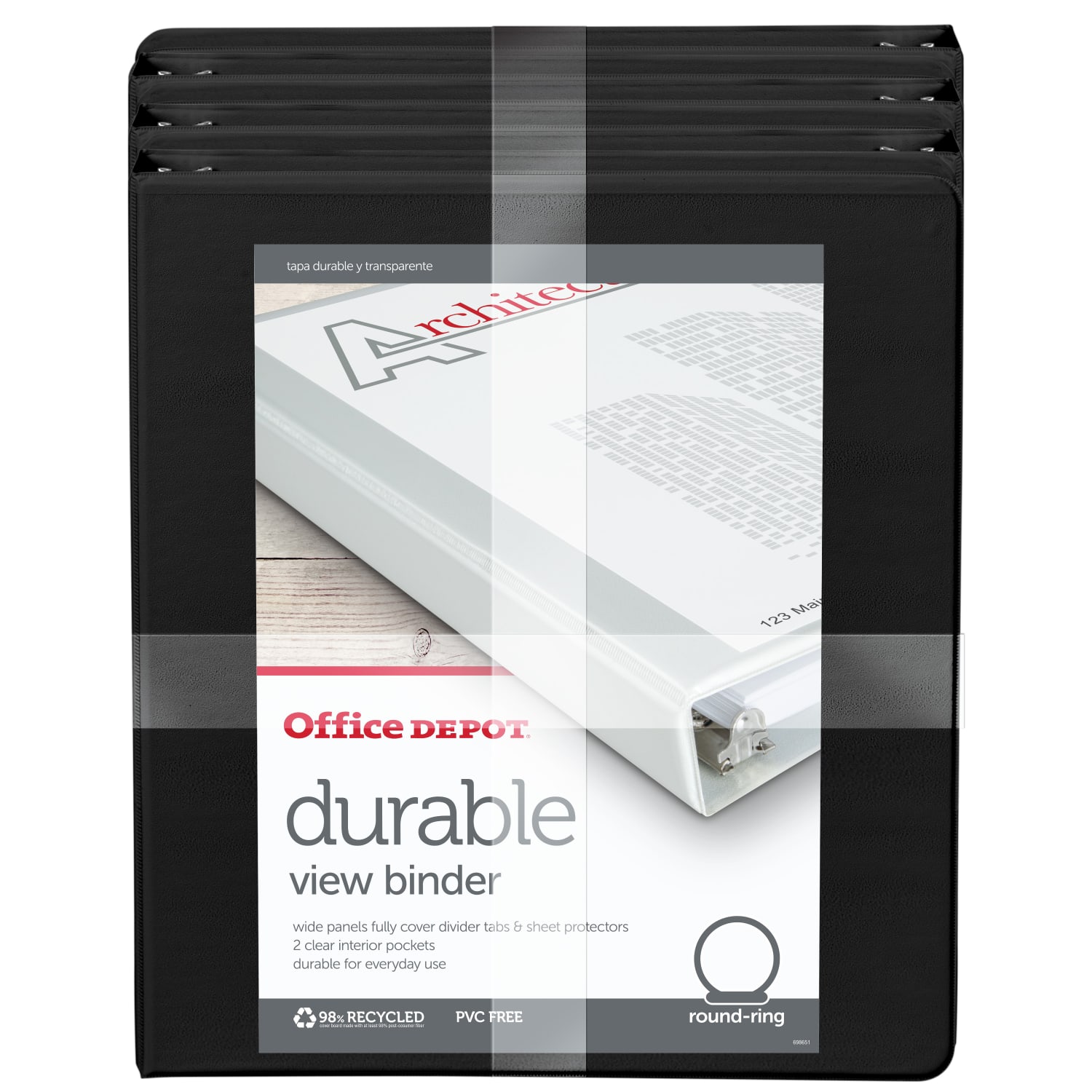 Office Depot Brand Durable View 3-Ring Binder, 1in Round Rings, Black, Pack Of 6 - Image 3