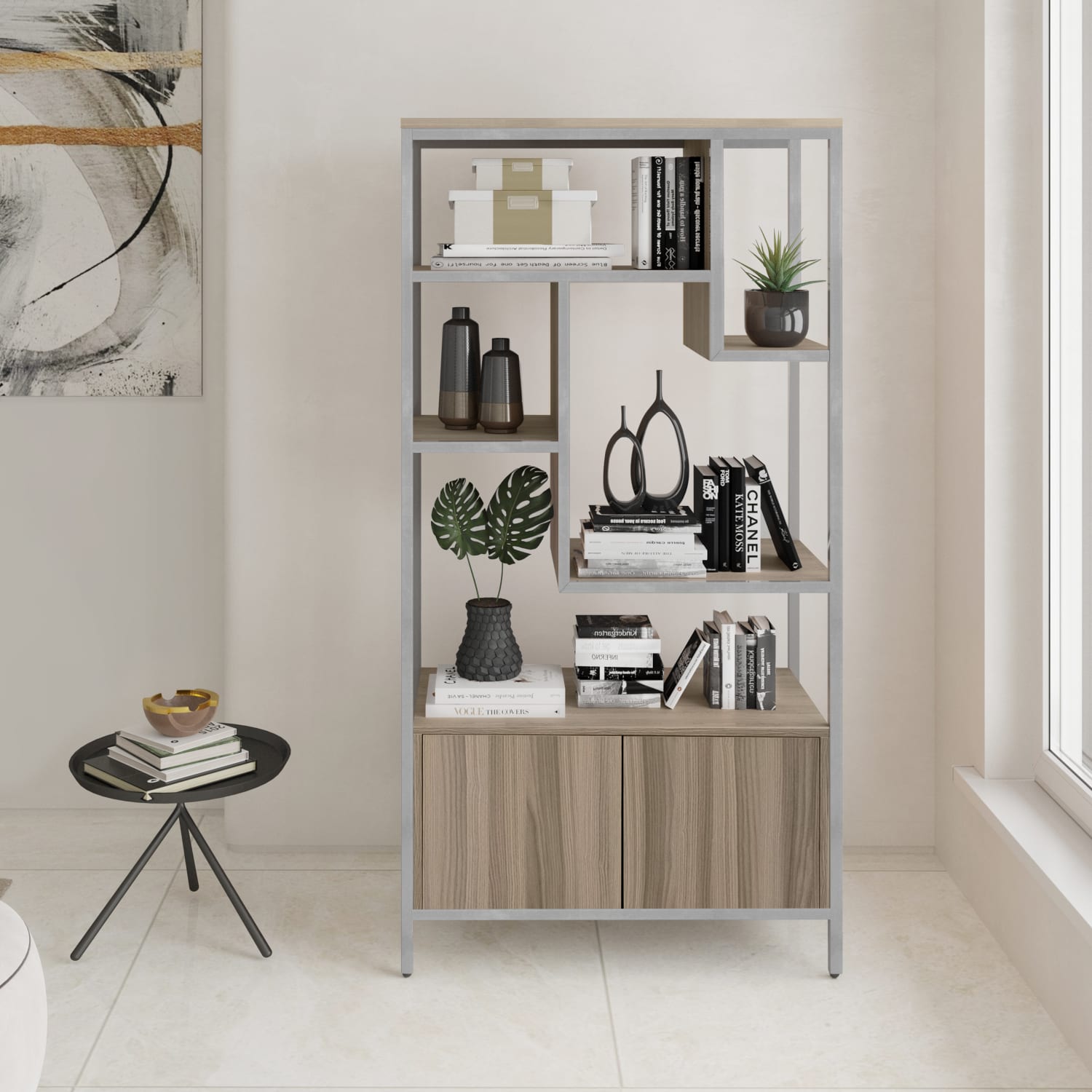Techni Mobili 63inH Storage Rack 5-Shelf Bookcase With 2-Door Cabinet, Oak - Image 3