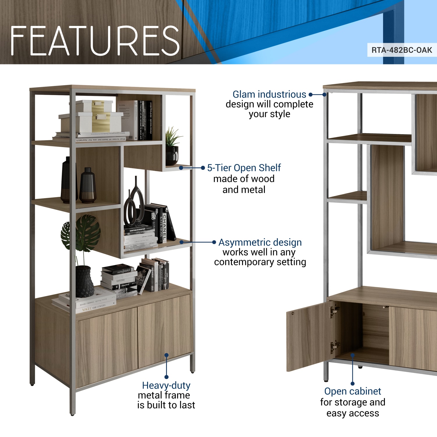 Techni Mobili 63inH Storage Rack 5-Shelf Bookcase With 2-Door Cabinet, Oak - Image 4