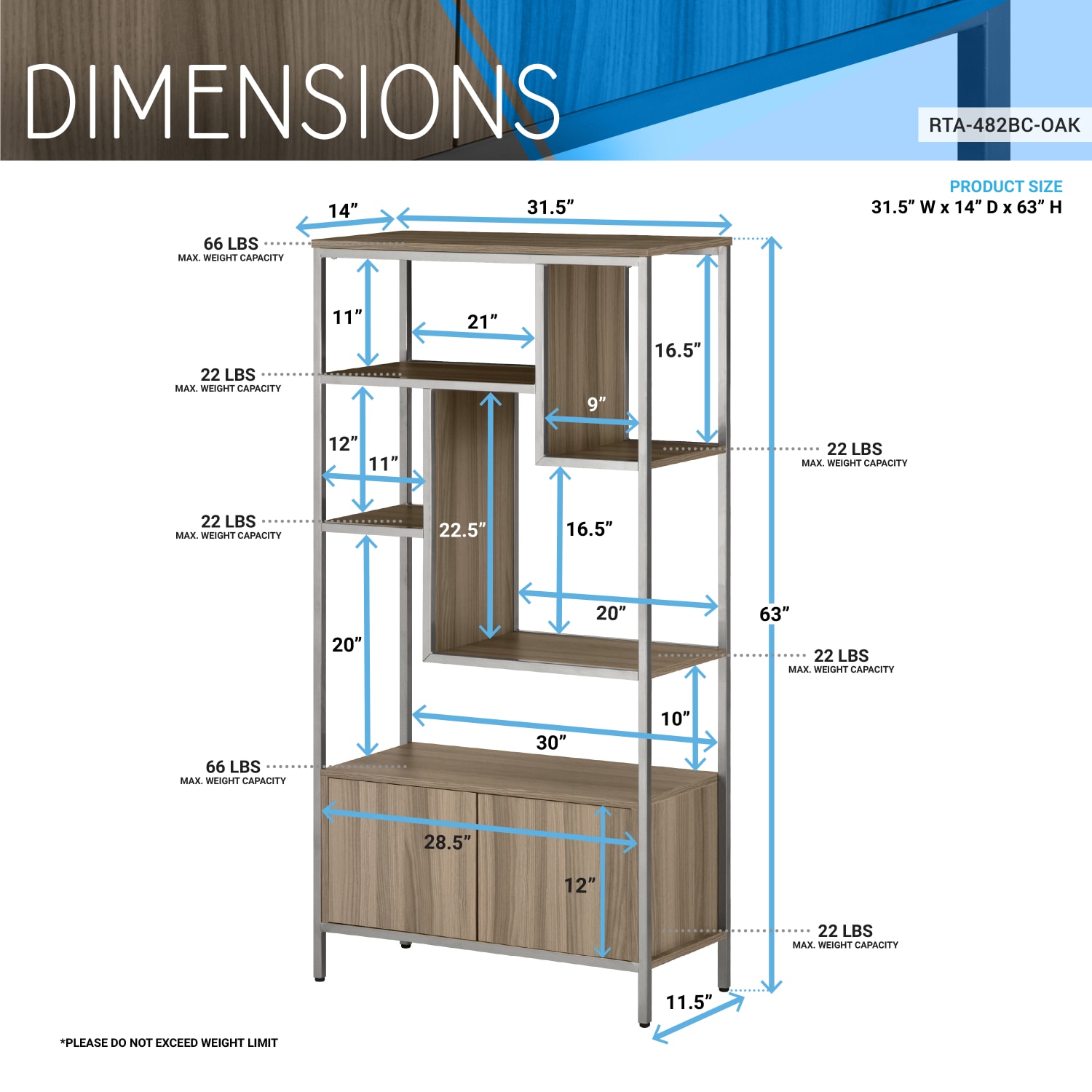 Techni Mobili 63inH Storage Rack 5-Shelf Bookcase With 2-Door Cabinet, Oak - Image 5