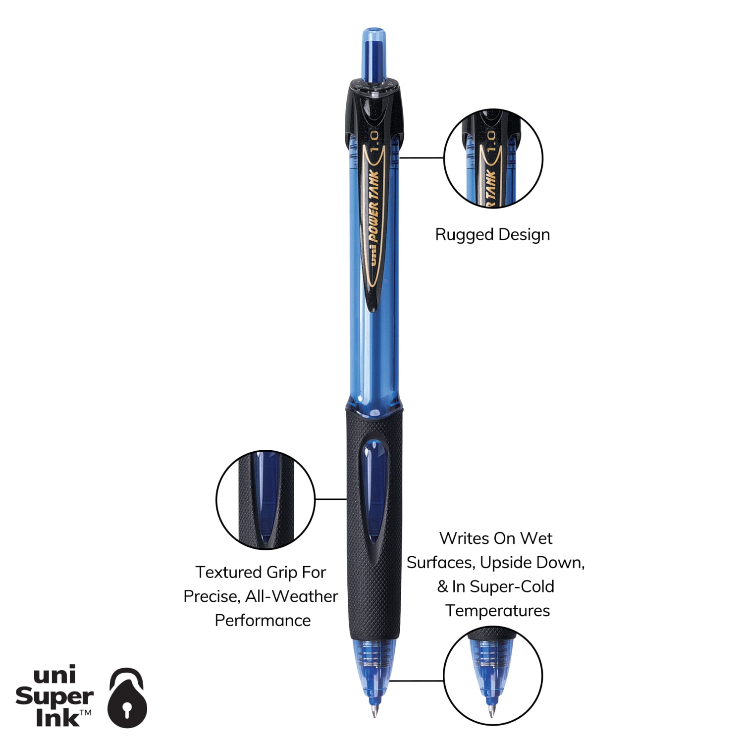 uni-ball Power Tank Retractable Ballpoint Pens, 1.0 mm, Blue Barrel, Blue Ink, Pack Of 12 Pens - Image 4