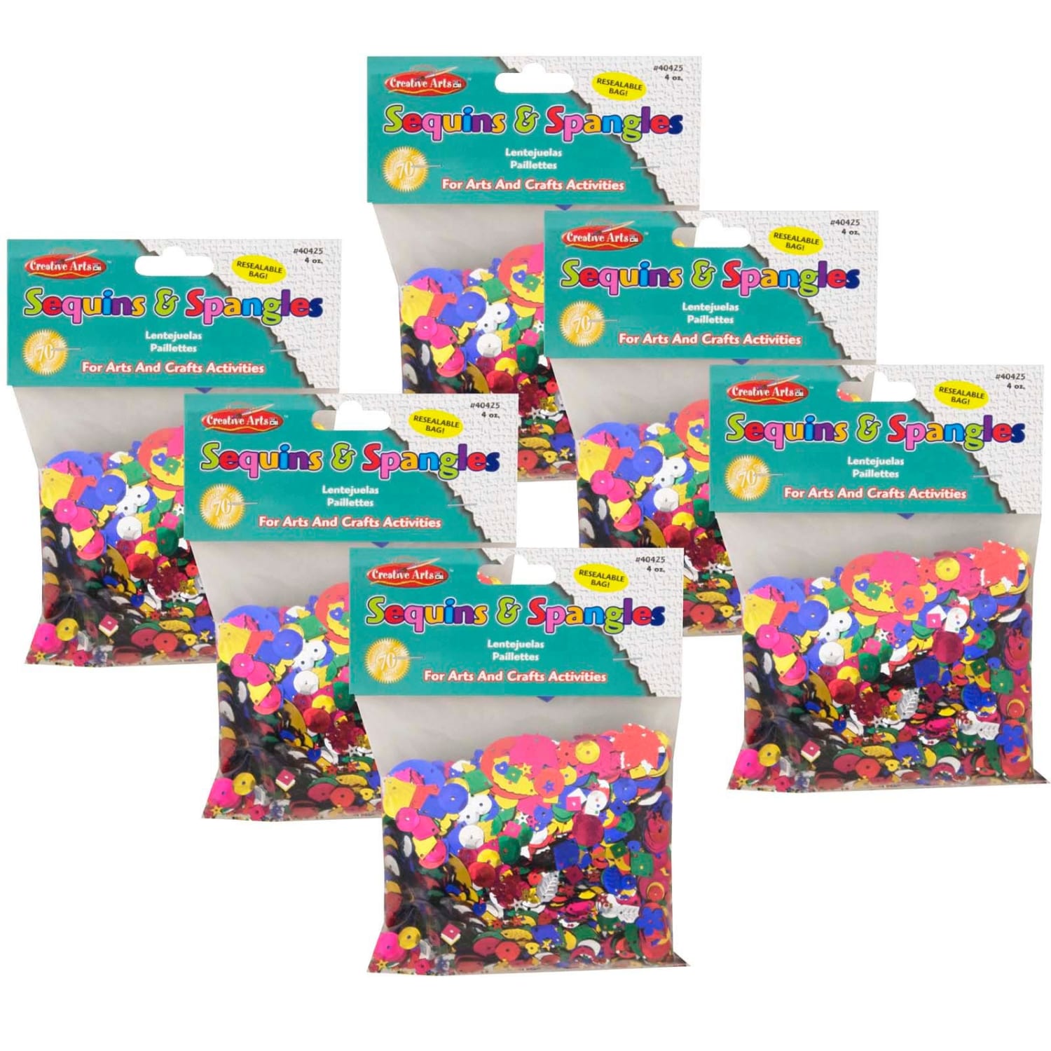Charles Leonard Plastic Glittering Sequins With Spangles, 4 Oz, Assorted Colors, Bundle Of 6 Bags