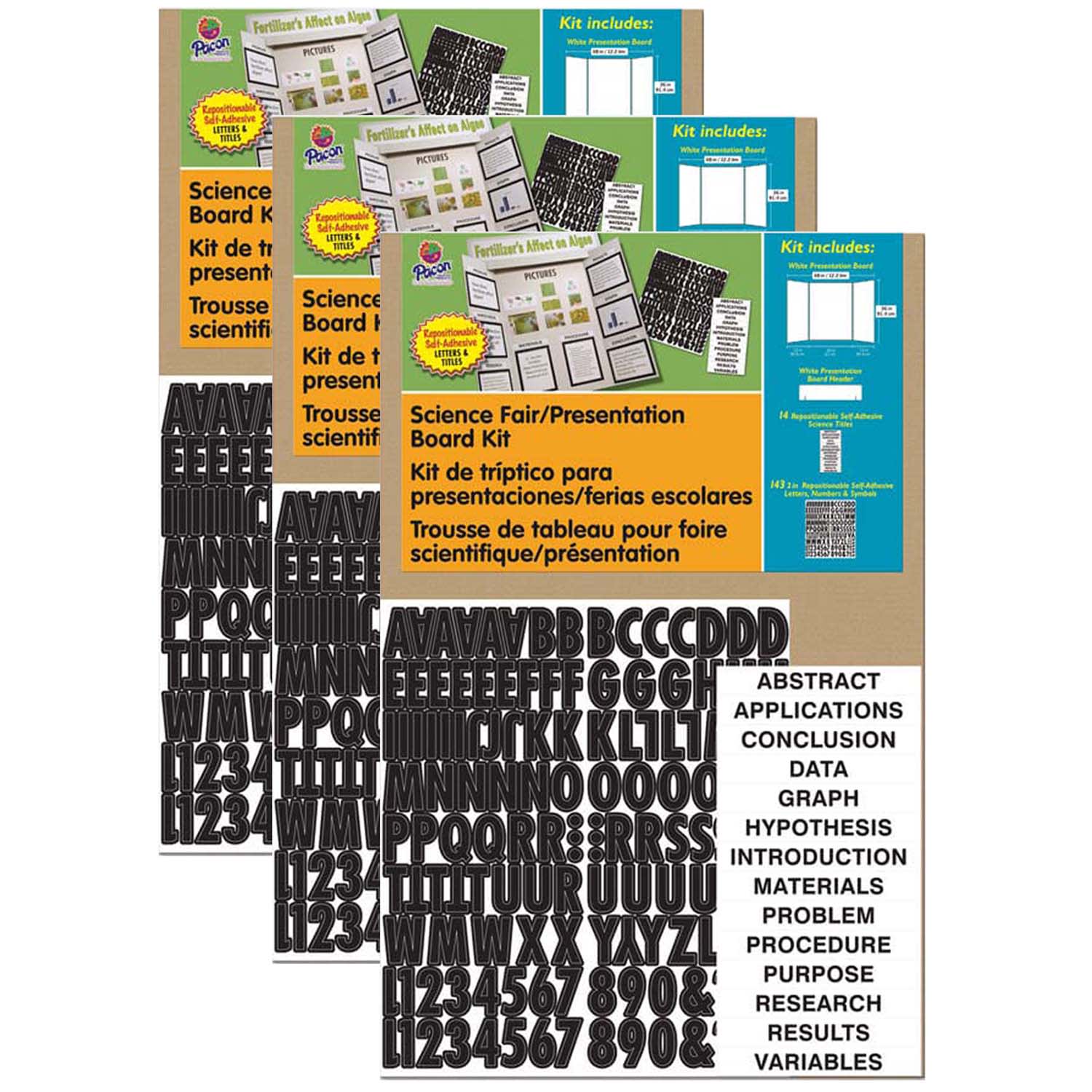 Pacon Presentation Board Kit with Self-Adhesive Letters, Corrugated Cardboard, 48in x 36in, White, Set Of 3 Kits