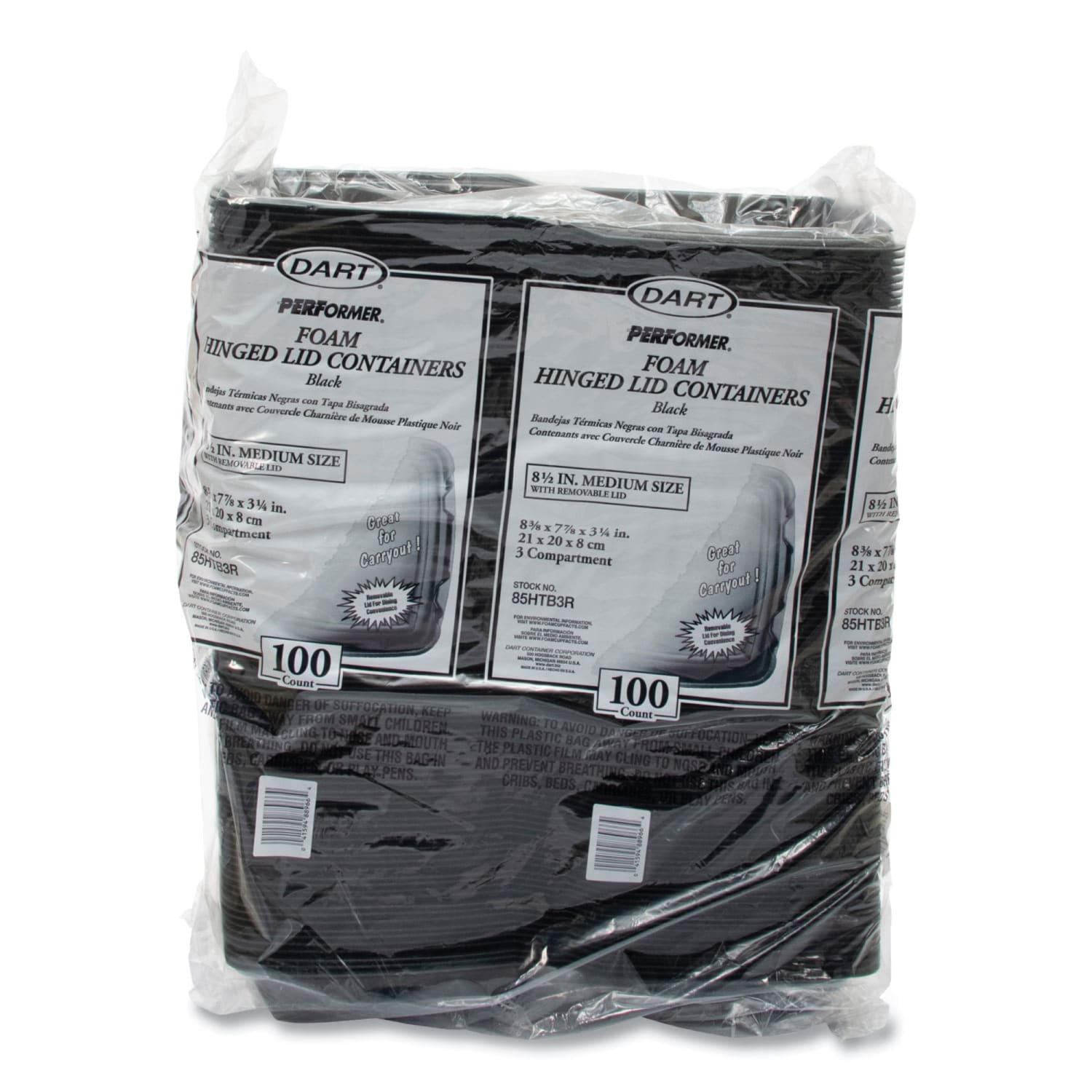 Dart Insulated Foam Hinged Lid Containers, 3 Compartments, 8-3/8inH x 8inW x 3-1/4inD, Black, Carton Of 200 Containers - Image 3