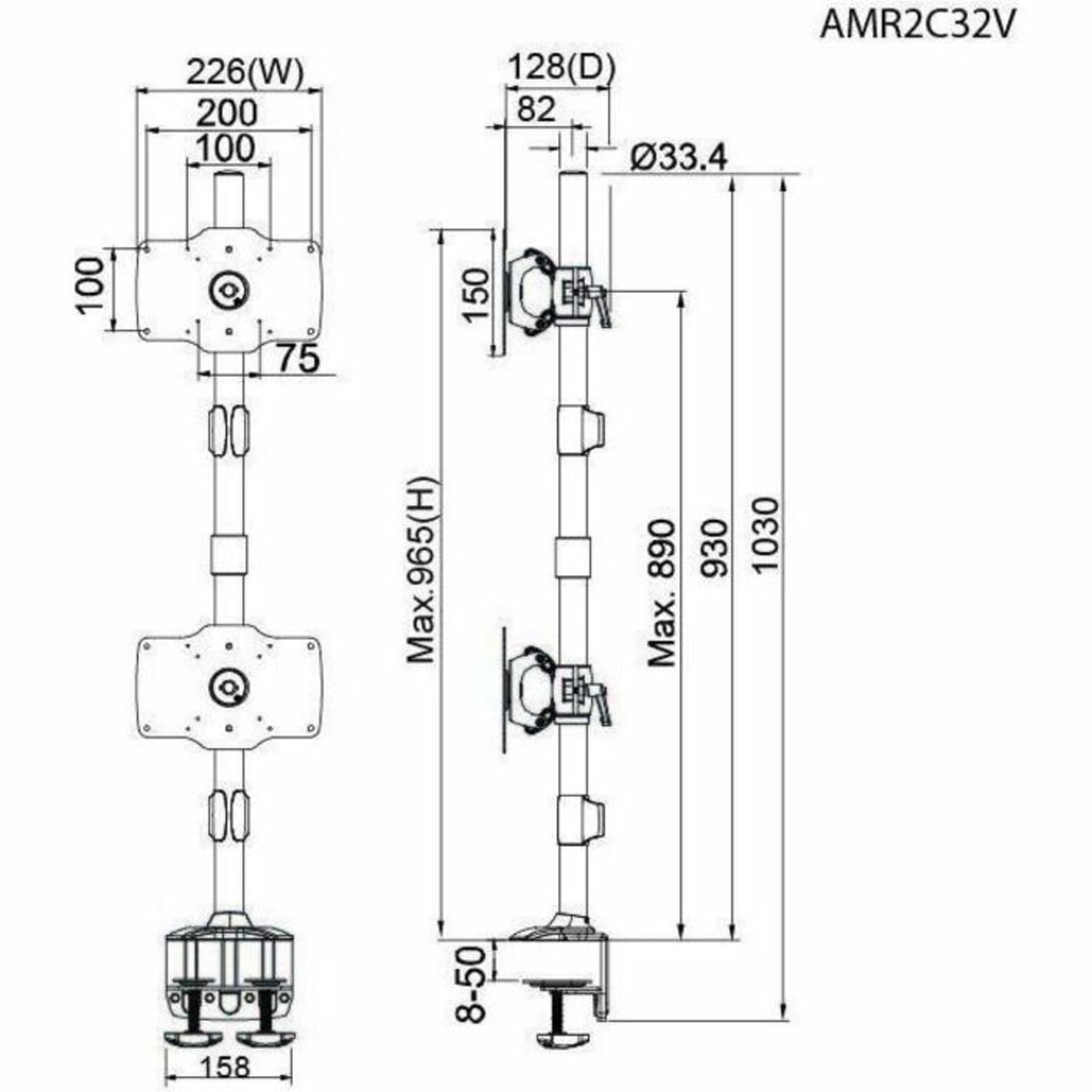 Amer Mounts Clamp Based Hex Monitor Mount for six 15in-24in LCD/LED Flat Panel Screens Vertical Clamp Based Dual Monitor Mount for two 24in-32in LCD/LED Flat Panels - Supports up to 26.5lb monitors, +/- 20 degree tilt, and VESA 75/100 - Image 4