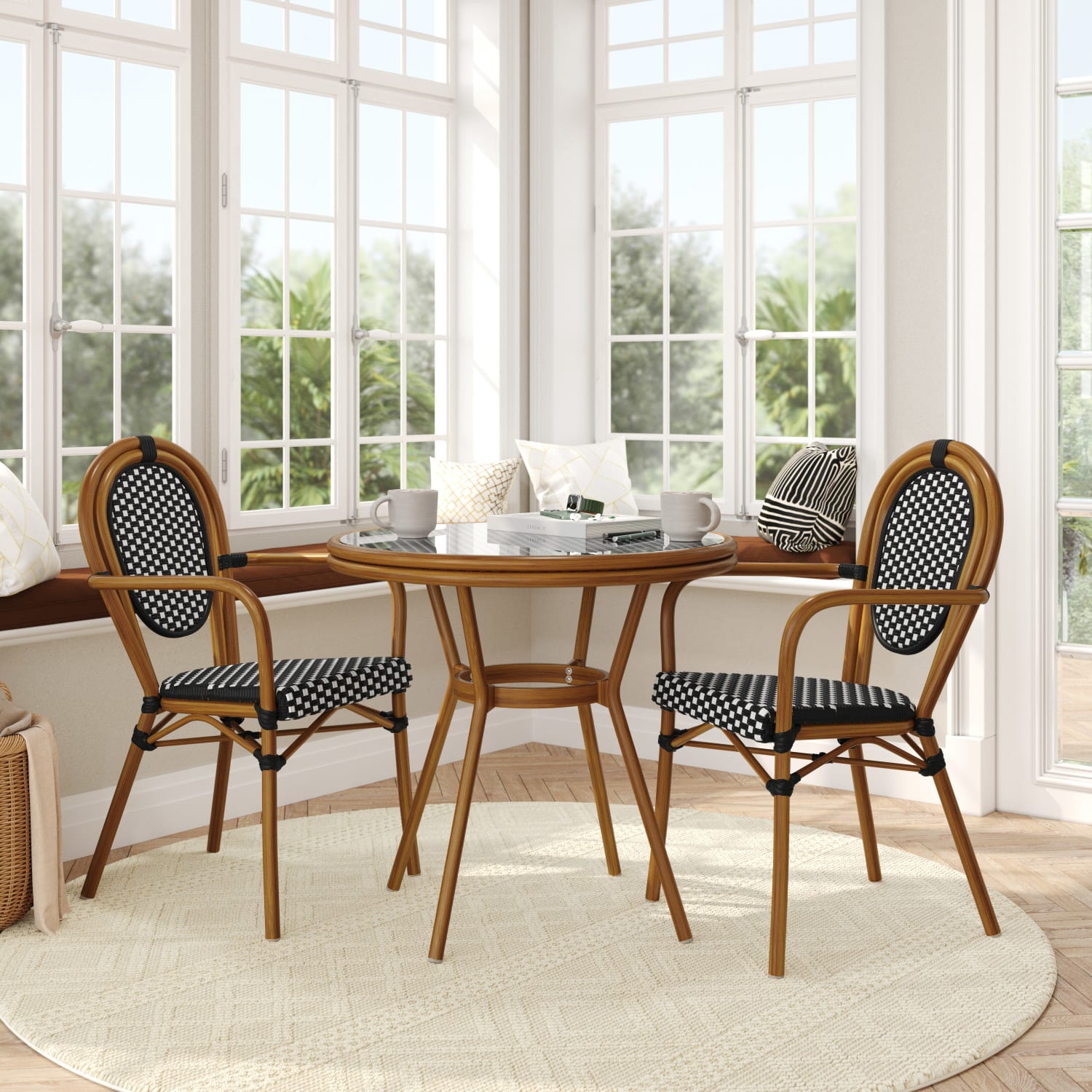 Flash Furniture Lourdes Indoor/Outdoor Commercial Bistro 31.5in Table, PE Rattan, Glass Top with 2 Stack Chairs, Black & White Rattan/Natural Frame - Image 3