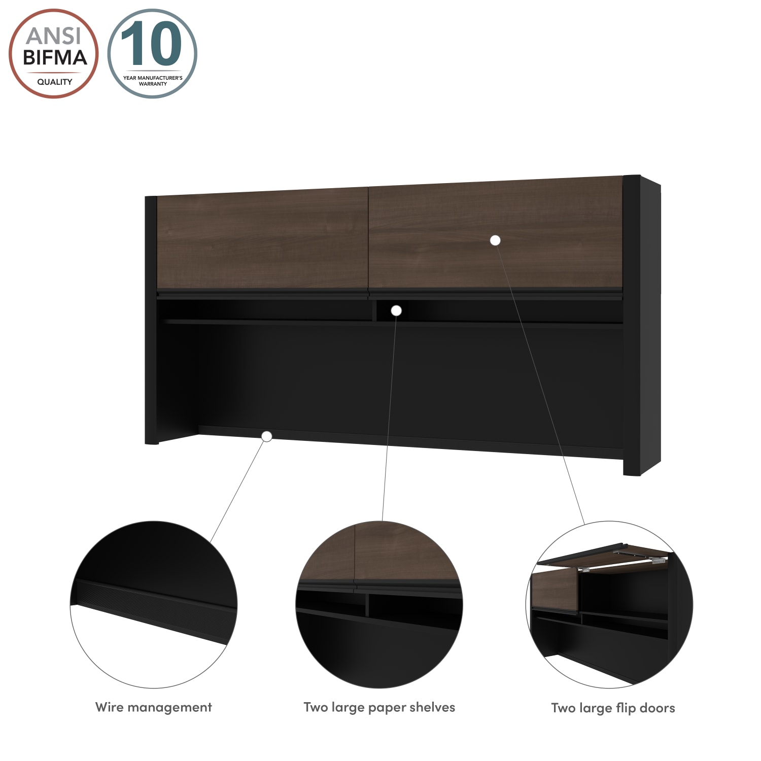 Bestar Connexion Hutch For Narrow Desk Shell, 35-1/2inH x 70-5/8inW x 13-7/16inD, Antigua/Black - Image 3