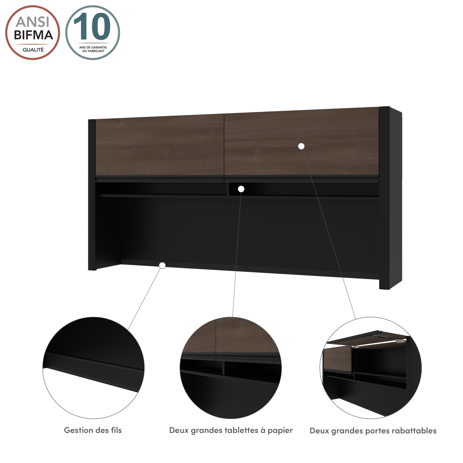 Bestar Connexion Hutch For Narrow Desk Shell, 35-1/2inH x 70-5/8inW x 13-7/16inD, Antigua/Black - Image 4