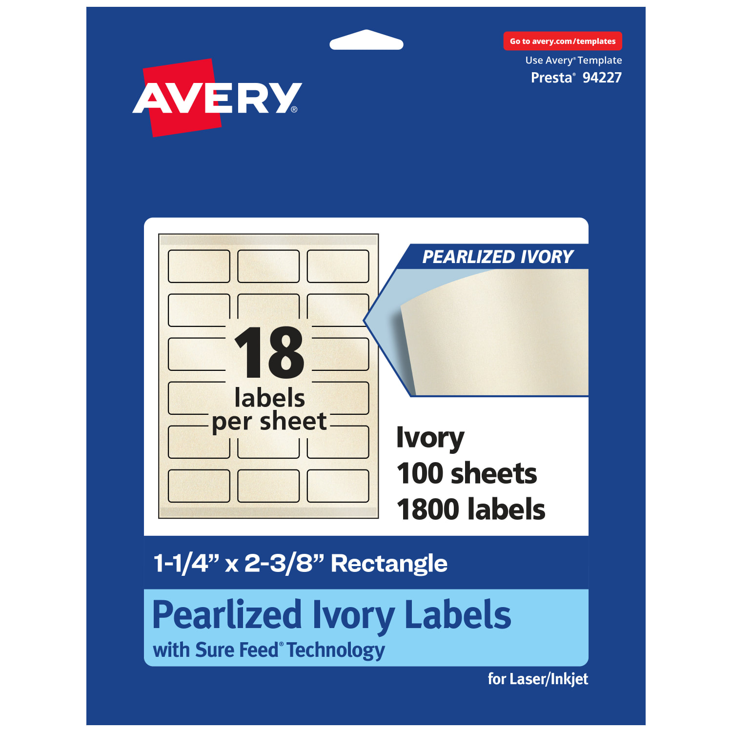 Avery Pearlized Permanent Labels With Sure Feed, 94227-PIP100, Rectangle, 1-1/4in x 2-3/8in, Ivory, Pack Of 1,800 Labels