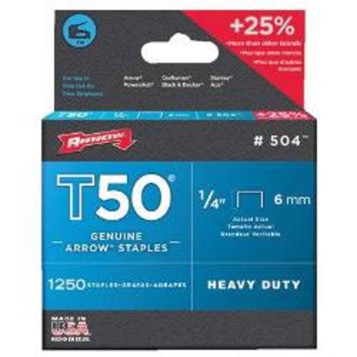 Arrow 50424 T50 Staples, #504, 1/4inL x 3/8inW, Silver, Box Of 1,250 Staples - Image 3