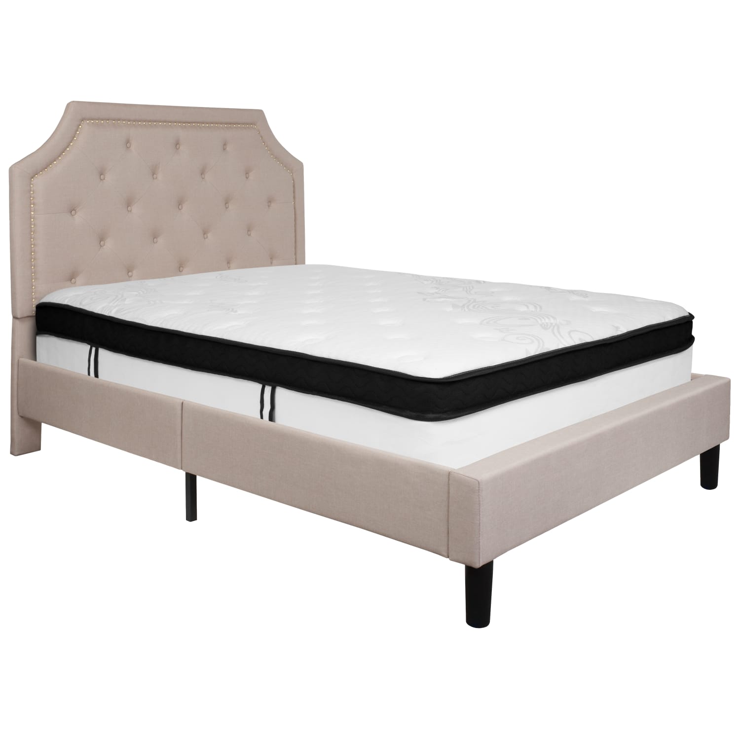 Flash Furniture Brighton Arched Tufted Upholstered Platform Bed And Memory Foam Pocket Spring Mattress, Full, Beige - Image 3