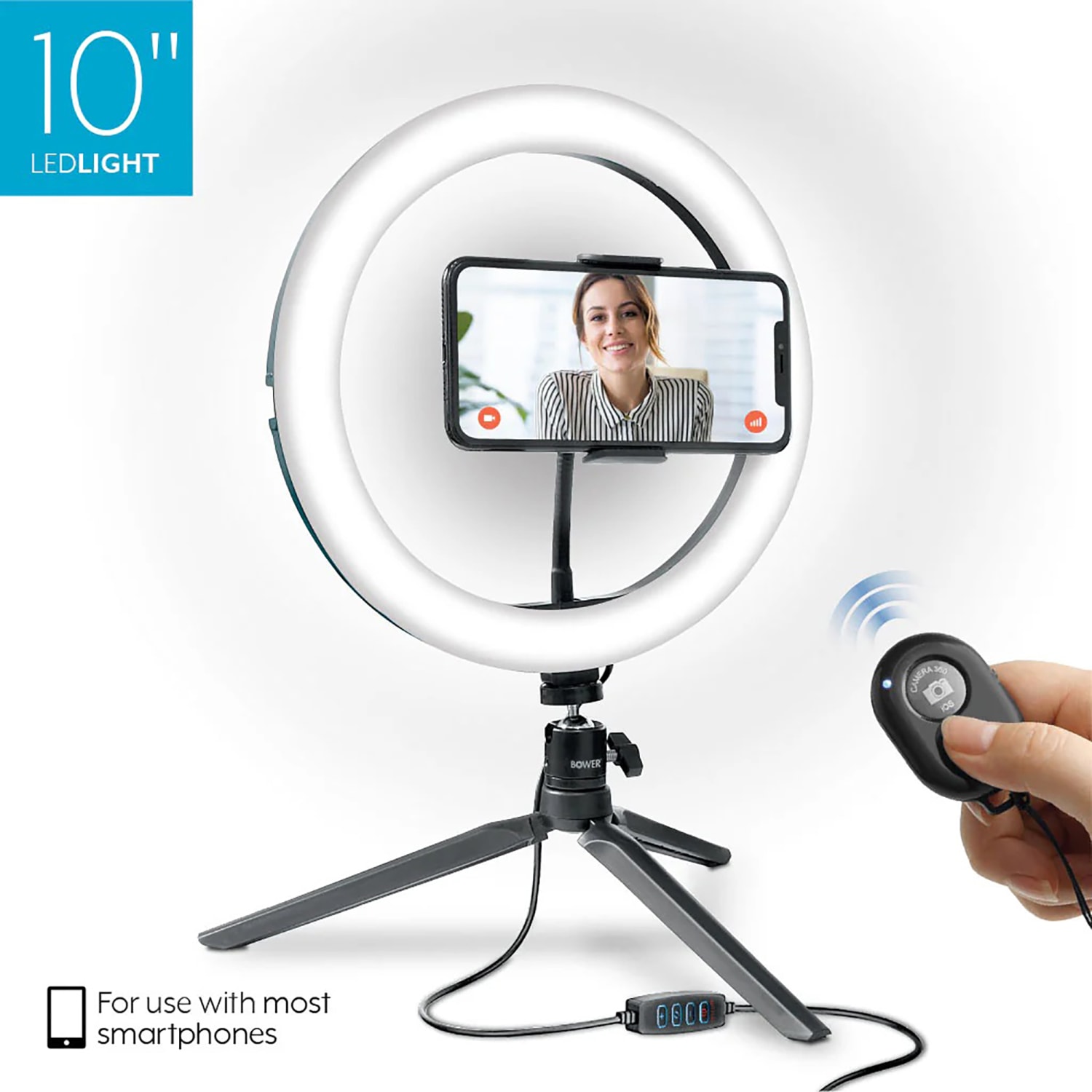 Bower LED Phone Ring Light Tabletop Stand For Smartphones, 10in, Black - Image 3