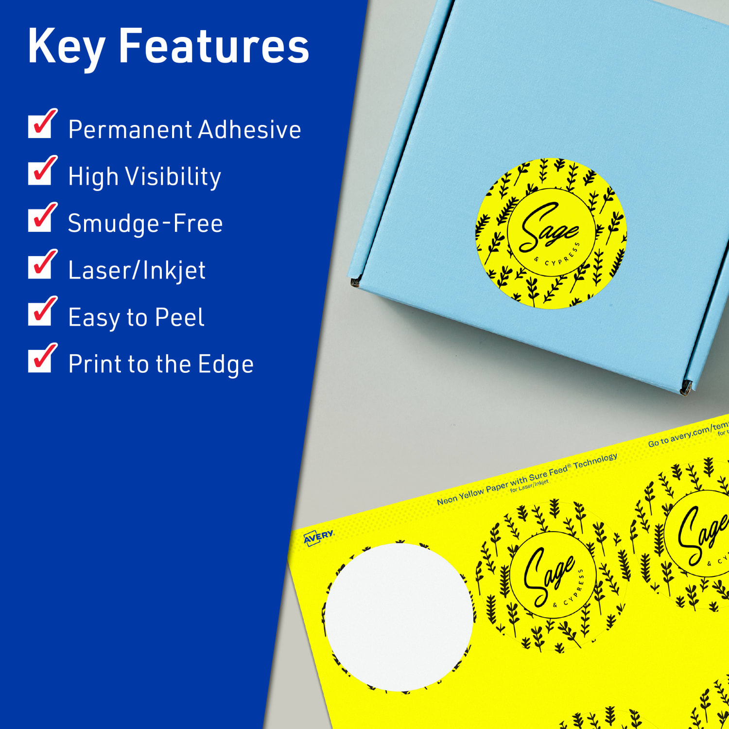 Avery Print-To-The-Edge Labels With Sure Feed Technology, 94502-NYP20, Round, 2-1/2in, Matte Neon Yellow, Pack of 180 - Image 3