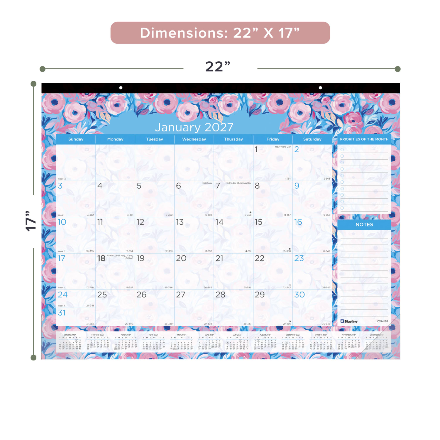 2027 Blueline Colorful Monthly Desk Pad Calendar, 22in x 17in, Floral, January To December, C194128, Total Qty 1 - Image 3